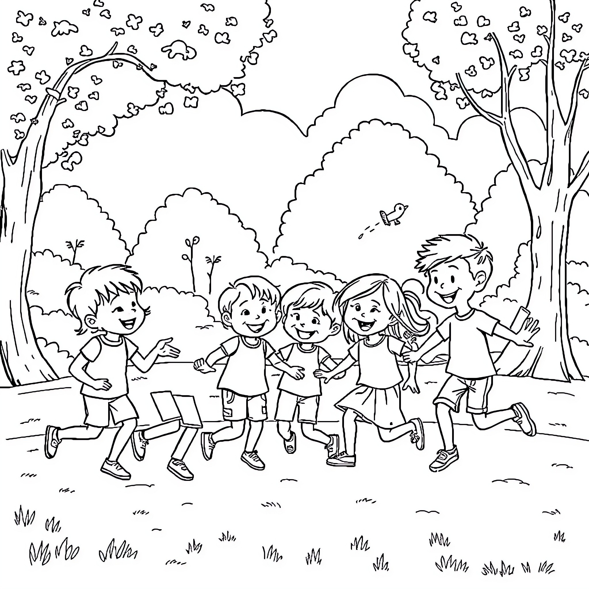 Kid friends playing happily in the forest Coloring Page (free black-and-white line drawing printable PDF for all, from beginners to advanced learners, including children, teens, adults, and seniors)