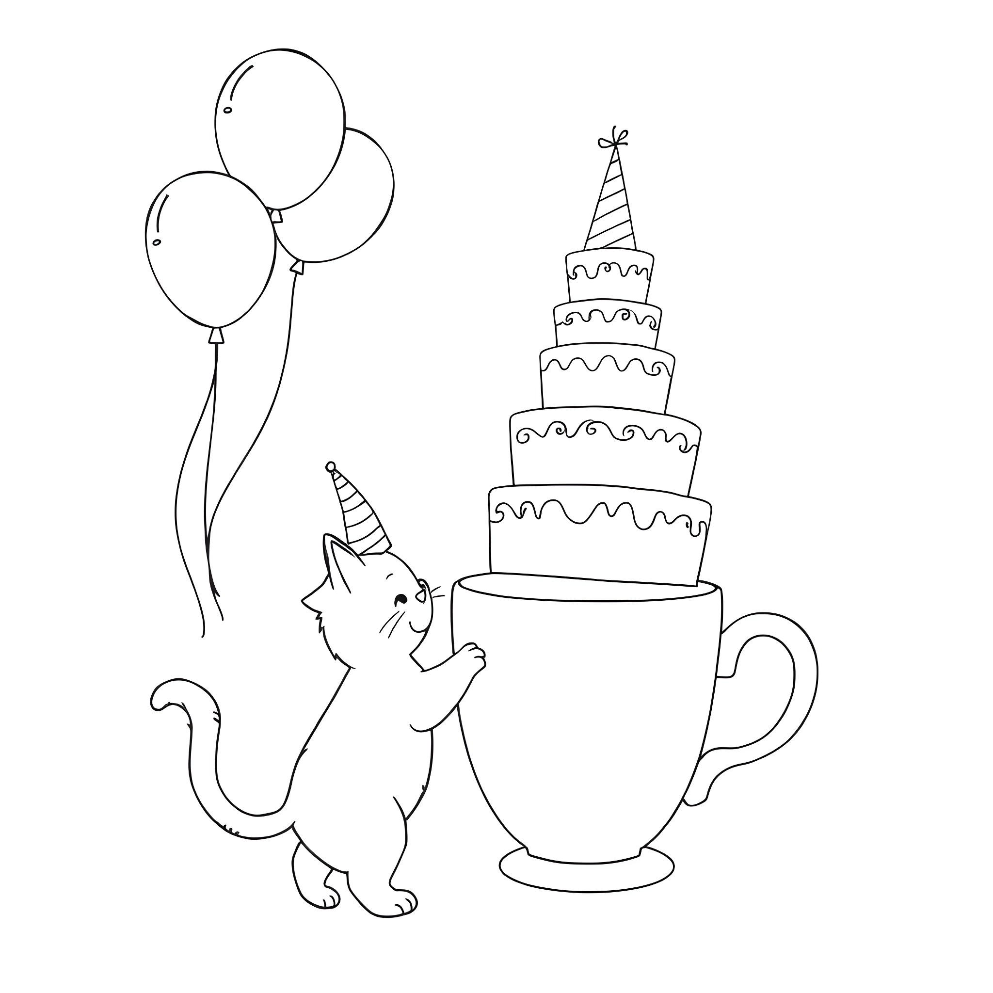 Cat celebrates with cake and balloons Coloring Page (free black-and-white line drawing printable PDF for all, from beginners to advanced learners, including children, teens, adults, and seniors)