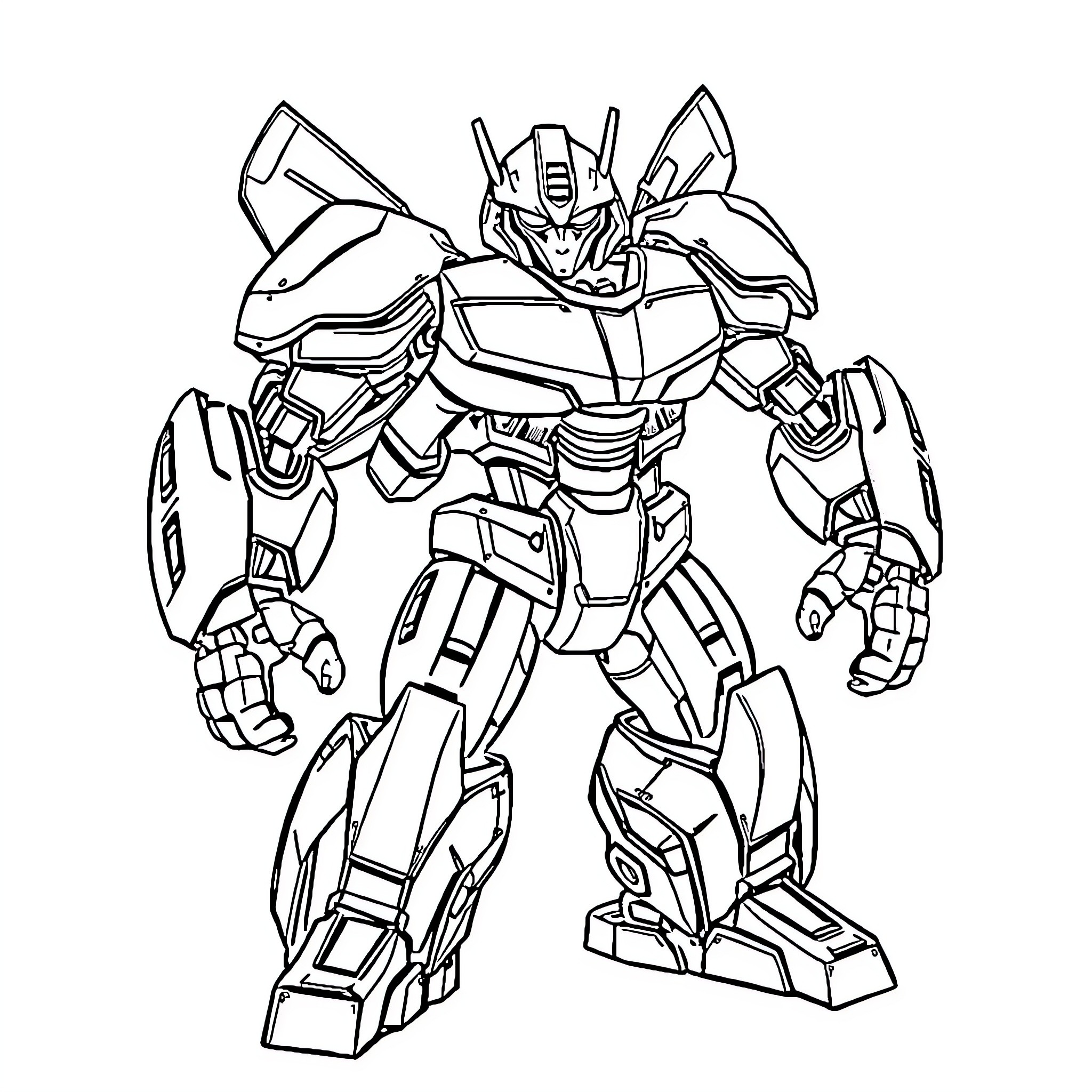 Bumblebee robot warrior in fighting stance Coloring Page (free black-and-white line drawing printable PDF for all, from beginners to advanced learners, including children, teens, adults, and seniors)
