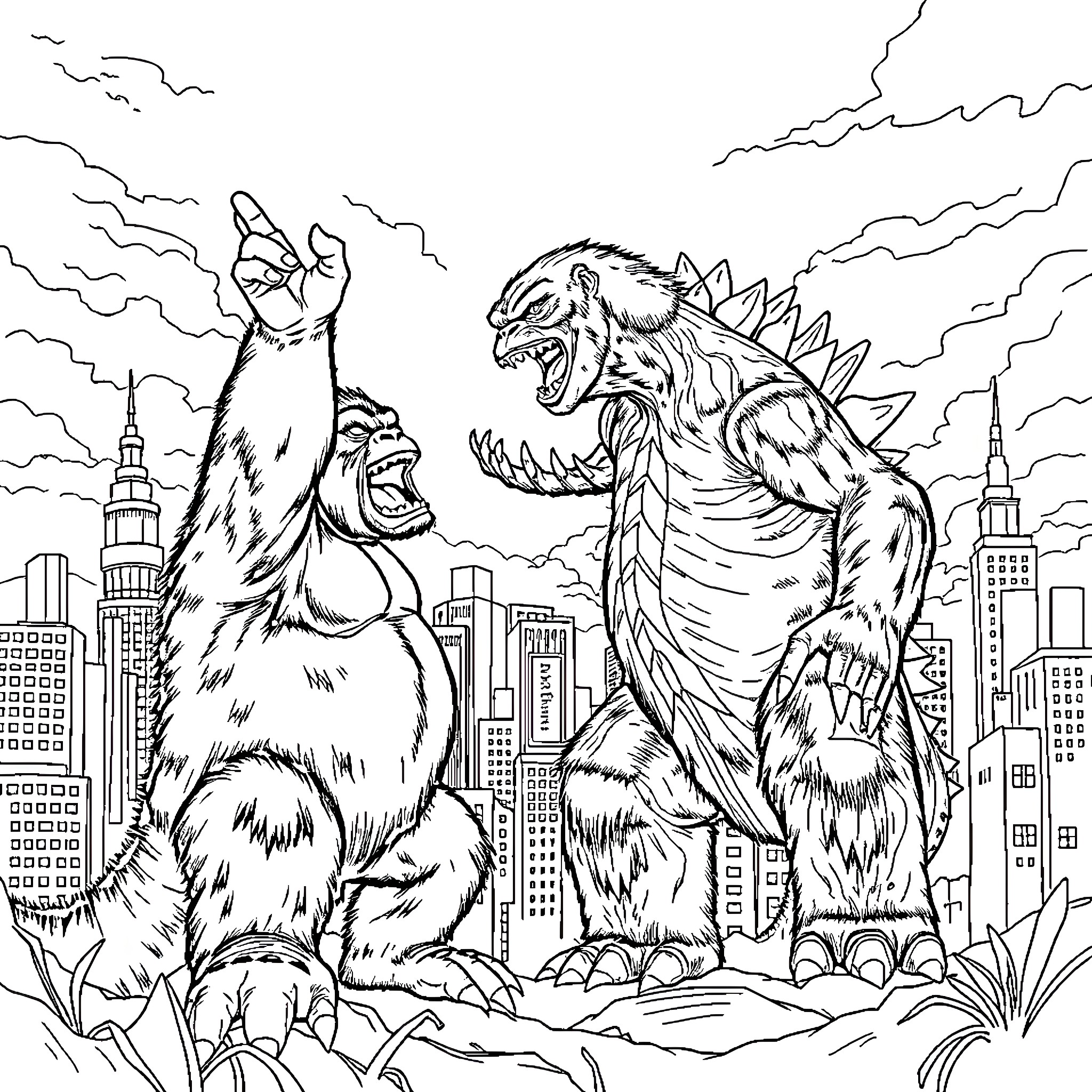 King Kong battling a giant monster in the city Coloring Page (free black-and-white line drawing printable PDF for all, from beginners to advanced learners, including children, teens, adults, and seniors)