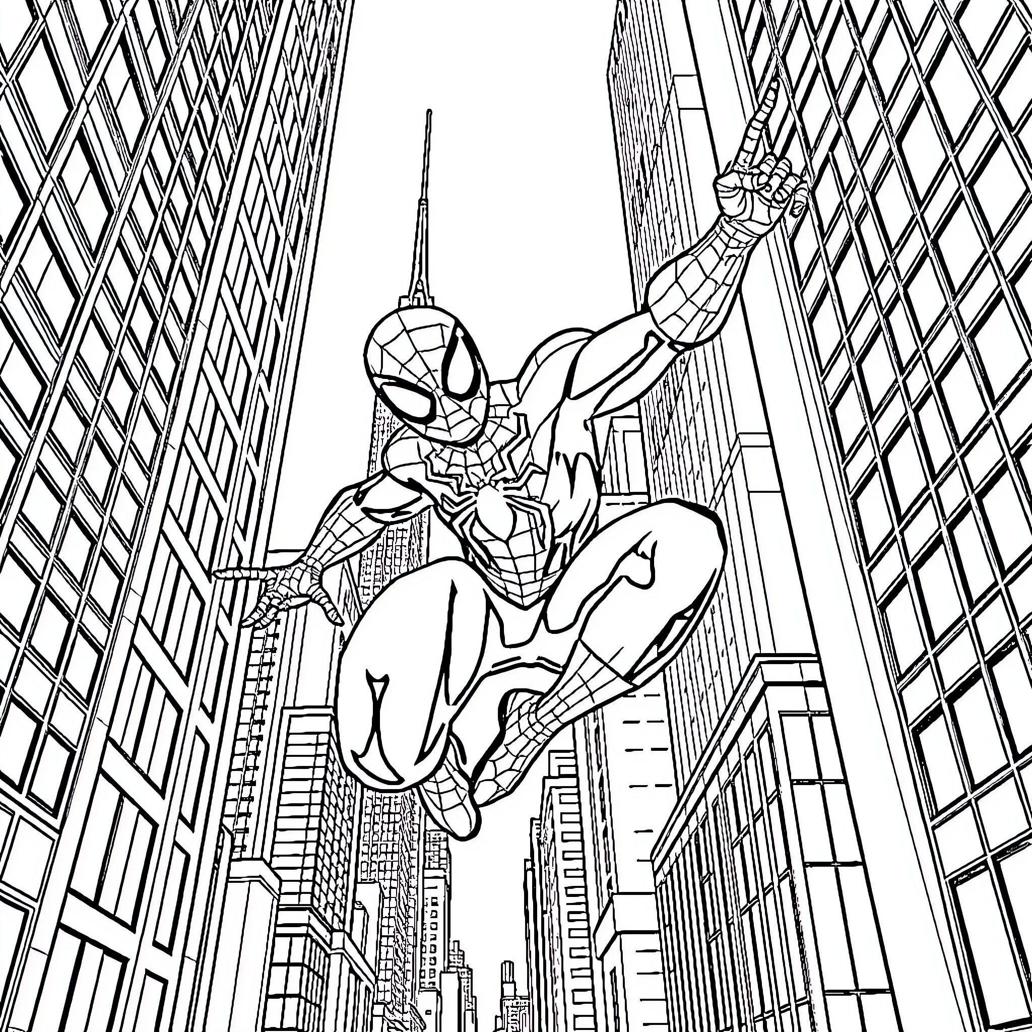 Spiderman soaring through the skyscrapers of the city Coloring Page (free black-and-white line drawing printable PDF for all, from beginners to advanced learners, including children, teens, adults, and seniors)