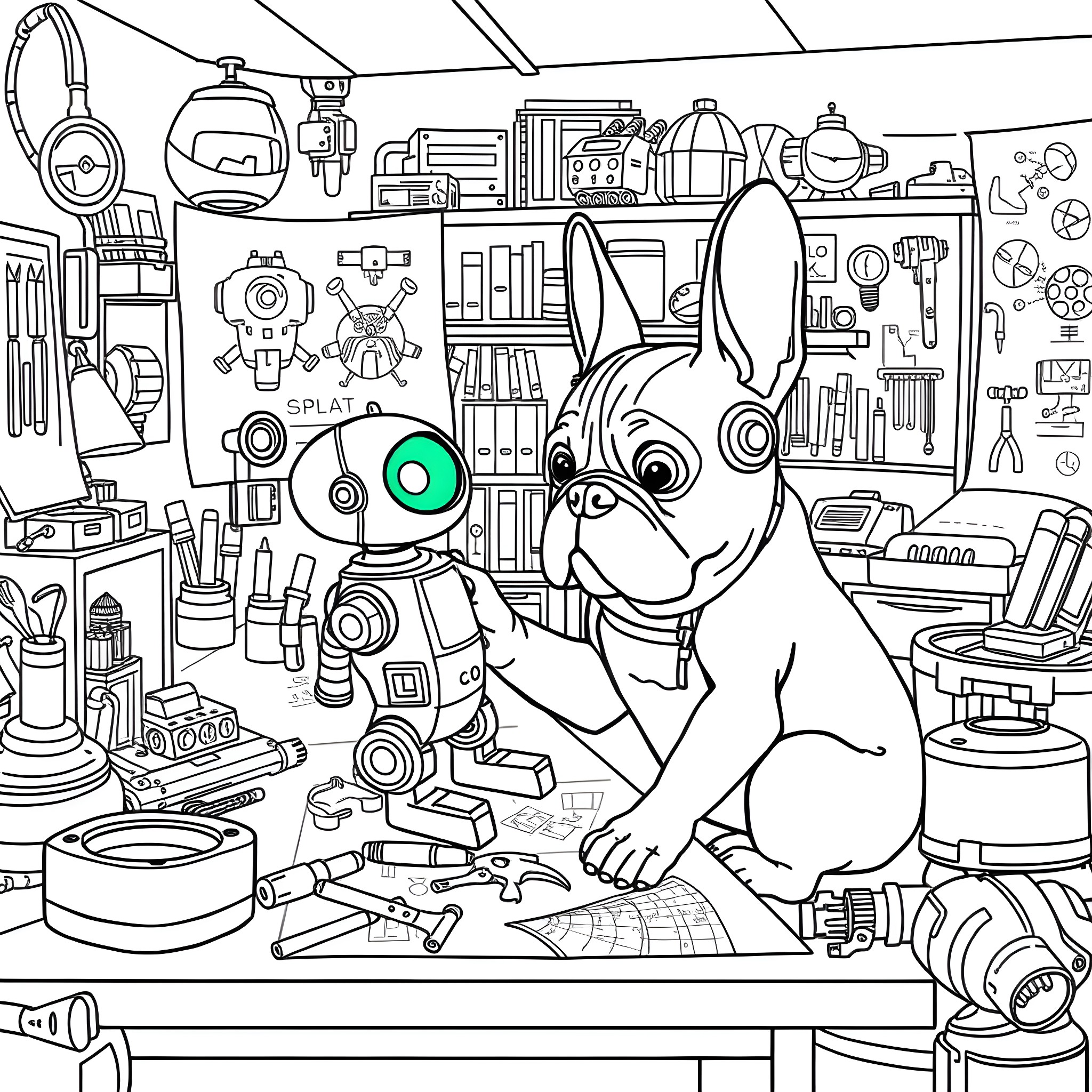 French Bulldog exploring a cluttered workshop Coloring Page (free black-and-white line drawing printable PDF for all, from beginners to advanced learners, including children, teens, adults, and seniors)