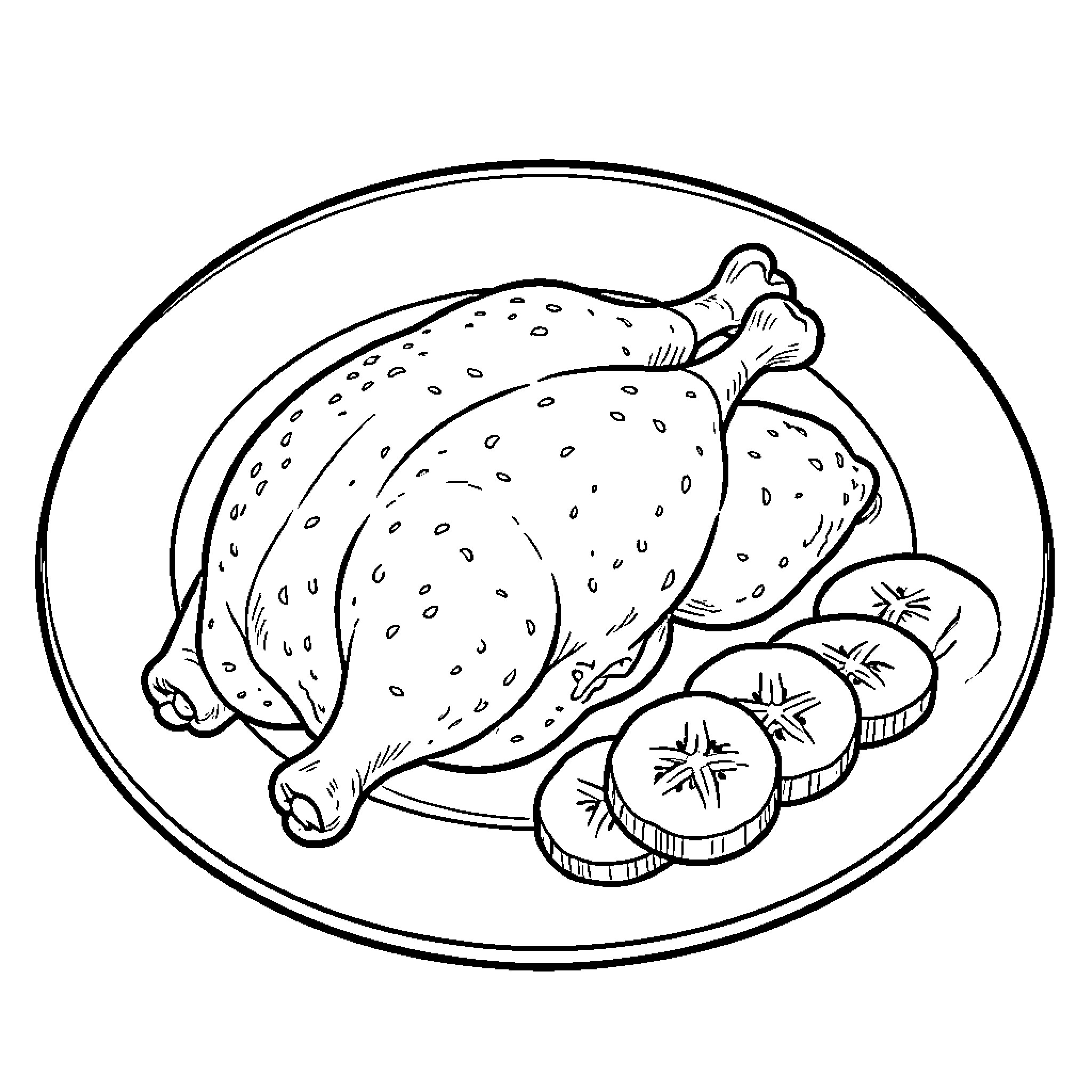 Chicken roasted on a platter with vegetables Coloring Page (free black-and-white line drawing printable PDF for all, from beginners to advanced learners, including children, teens, adults, and seniors)