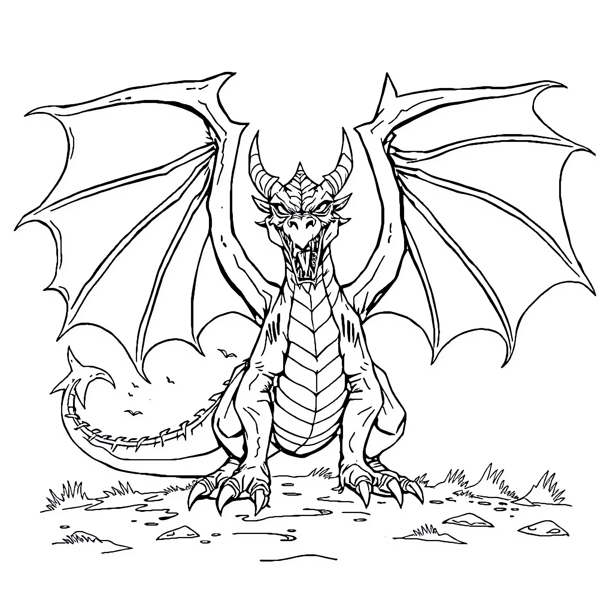 Dragon unleashing its mighty wings and roar Coloring Page (free black-and-white line drawing printable PDF for all, from beginners to advanced learners, including children, teens, adults, and seniors)