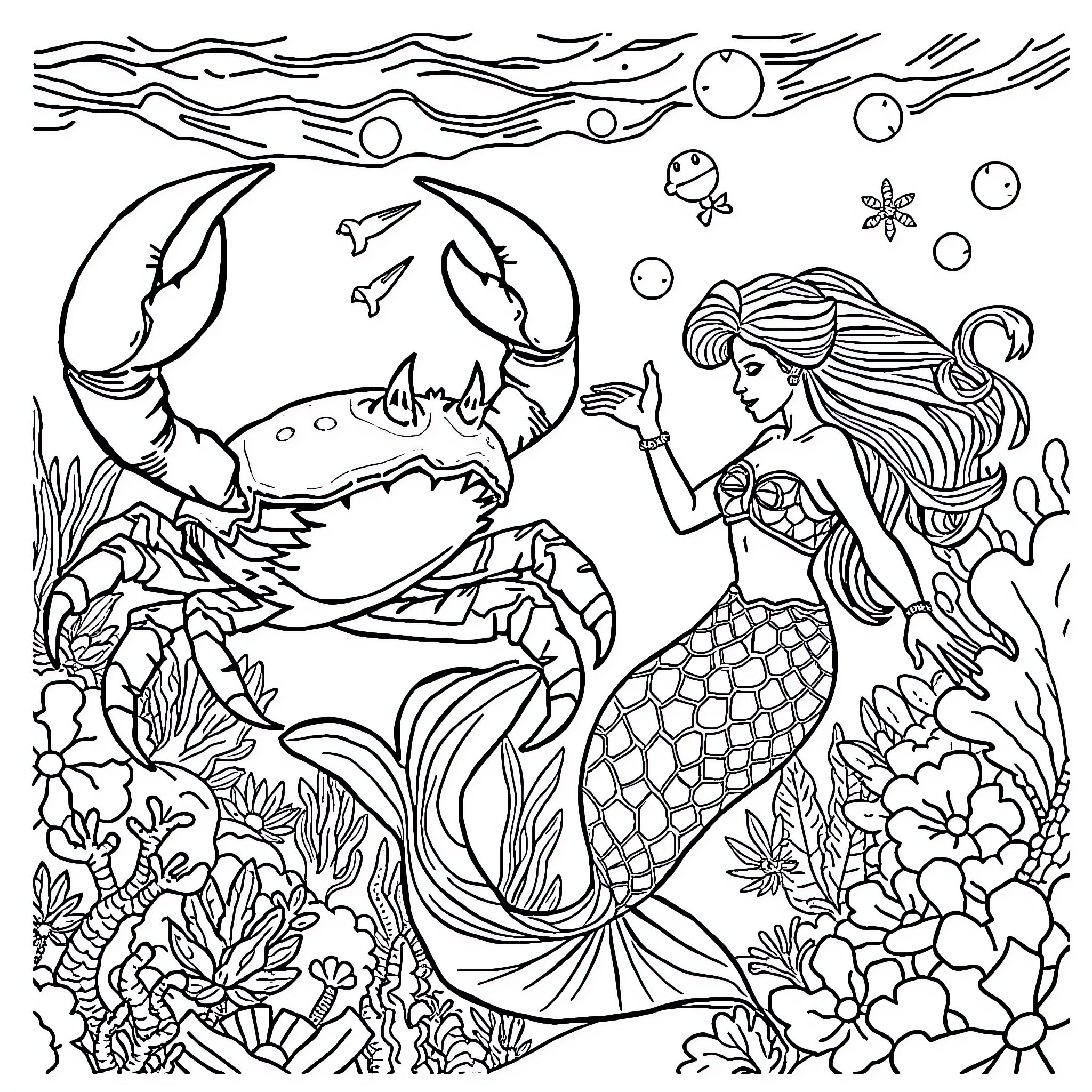Crab Man and Mermaid's Enchanting Underwater Adventure Coloring Page (free black-and-white line drawing printable PDF for all, from beginners to advanced learners, including children, teens, adults, and seniors)