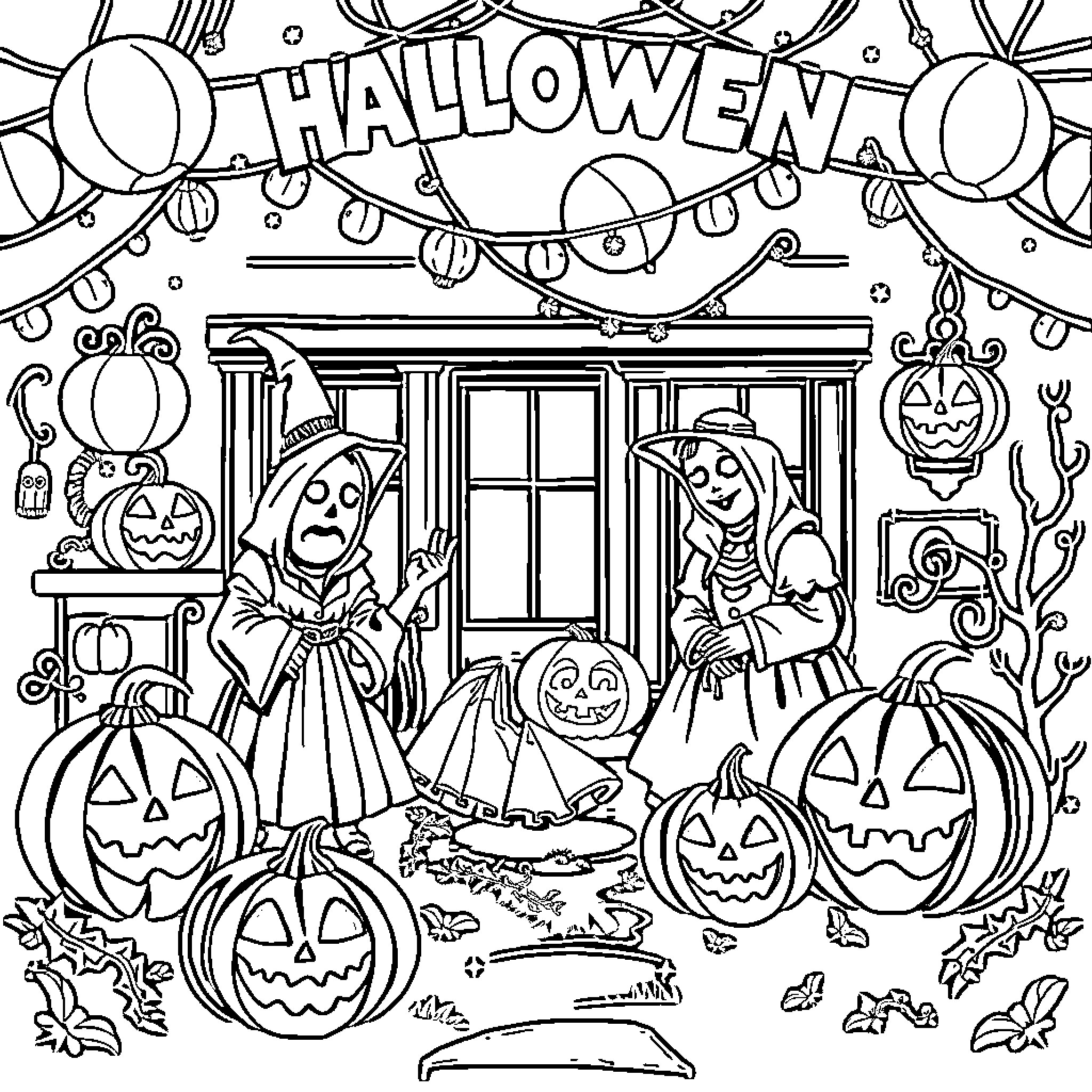 Halloween Trick-or-Treating at a Spooky House Coloring Page (free black-and-white line drawing printable PDF for all, from beginners to advanced learners, including children, teens, adults, and seniors)