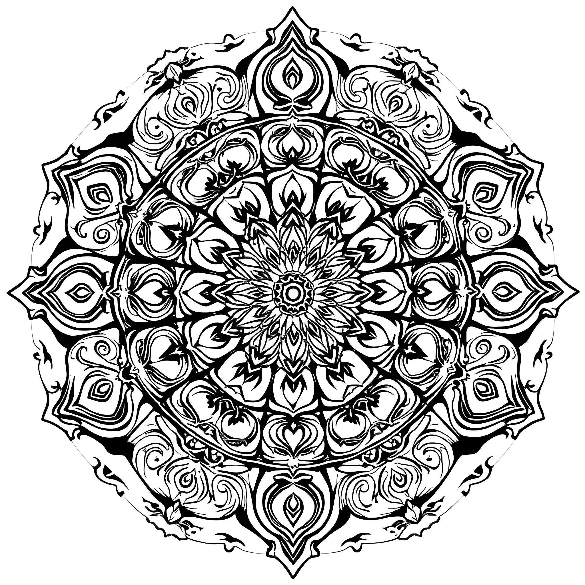 Mandala with intricate floral patterns and symmetrical design Coloring Page (free black-and-white line drawing printable PDF for all, from beginners to advanced learners, including children, teens, adults, and seniors)