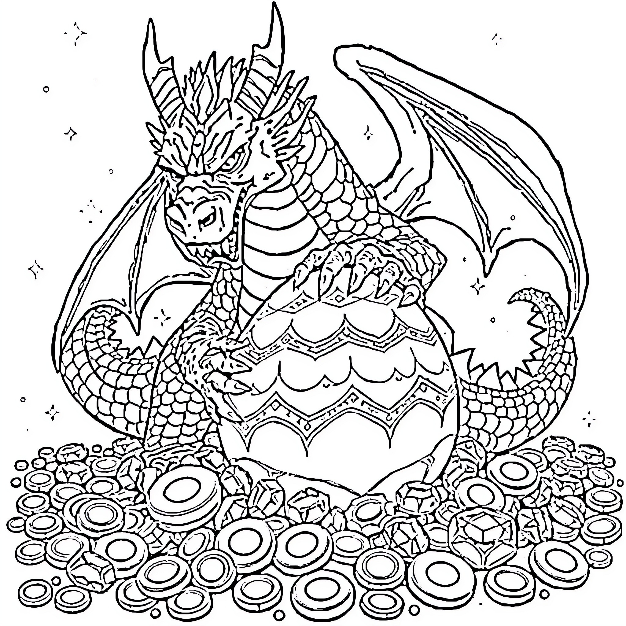 Dragon guarding its treasure hoard Coloring Page (free black-and-white line drawing printable PDF for all, from beginners to advanced learners, including children, teens, adults, and seniors)