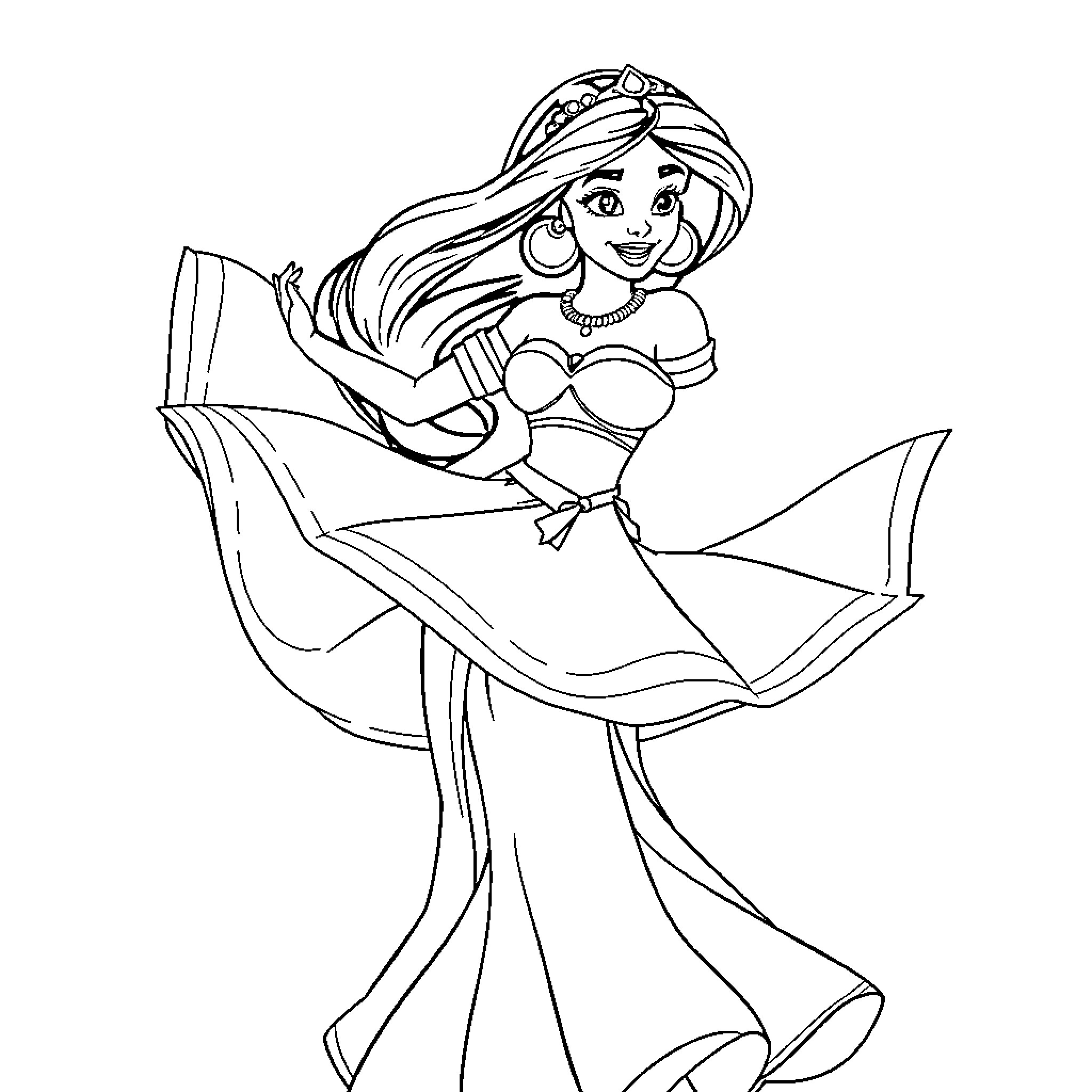 Princess Posing Gracefully in Ornate Attire Coloring Page (free black-and-white line drawing printable PDF for all, from beginners to advanced learners, including children, teens, adults, and seniors)