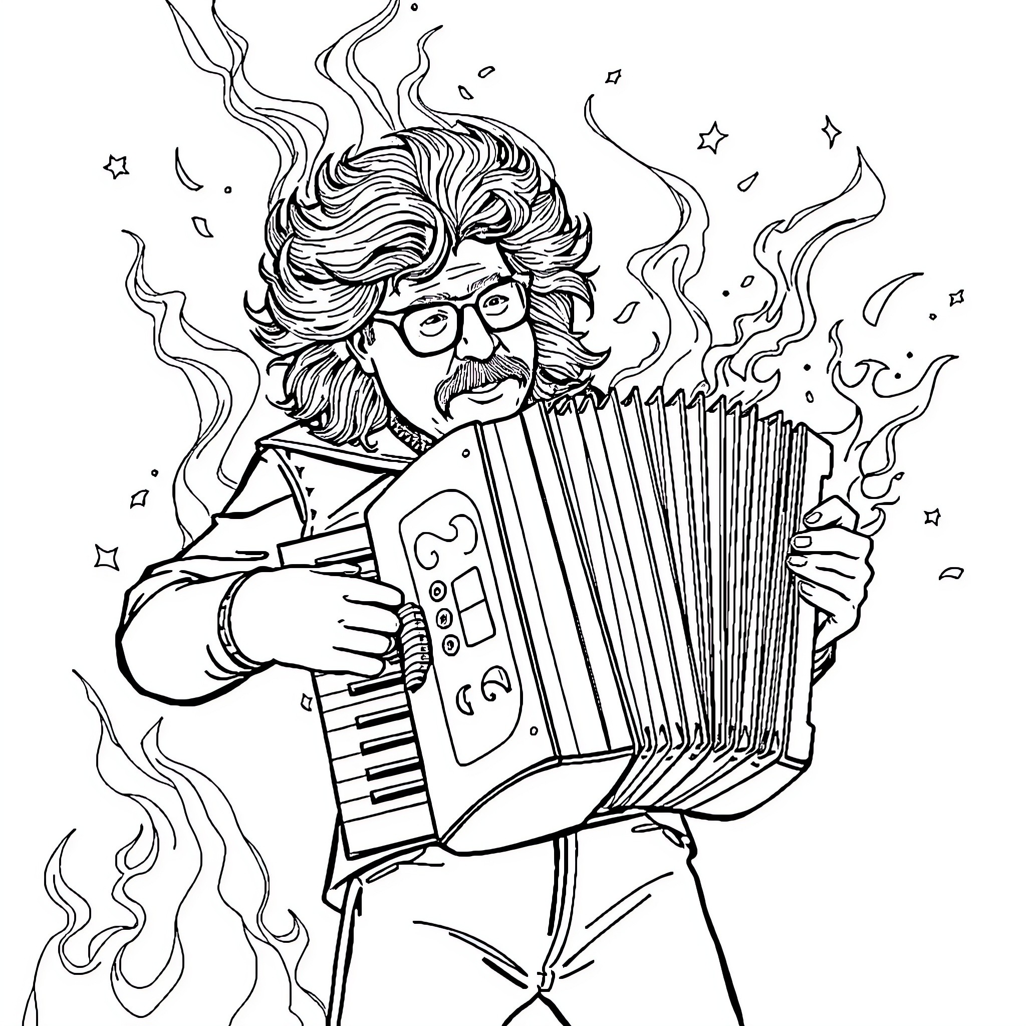 Weird Al's Accordion Extravaganza Coloring Page (free black-and-white line drawing printable PDF for all, from beginners to advanced learners, including children, teens, adults, and seniors)