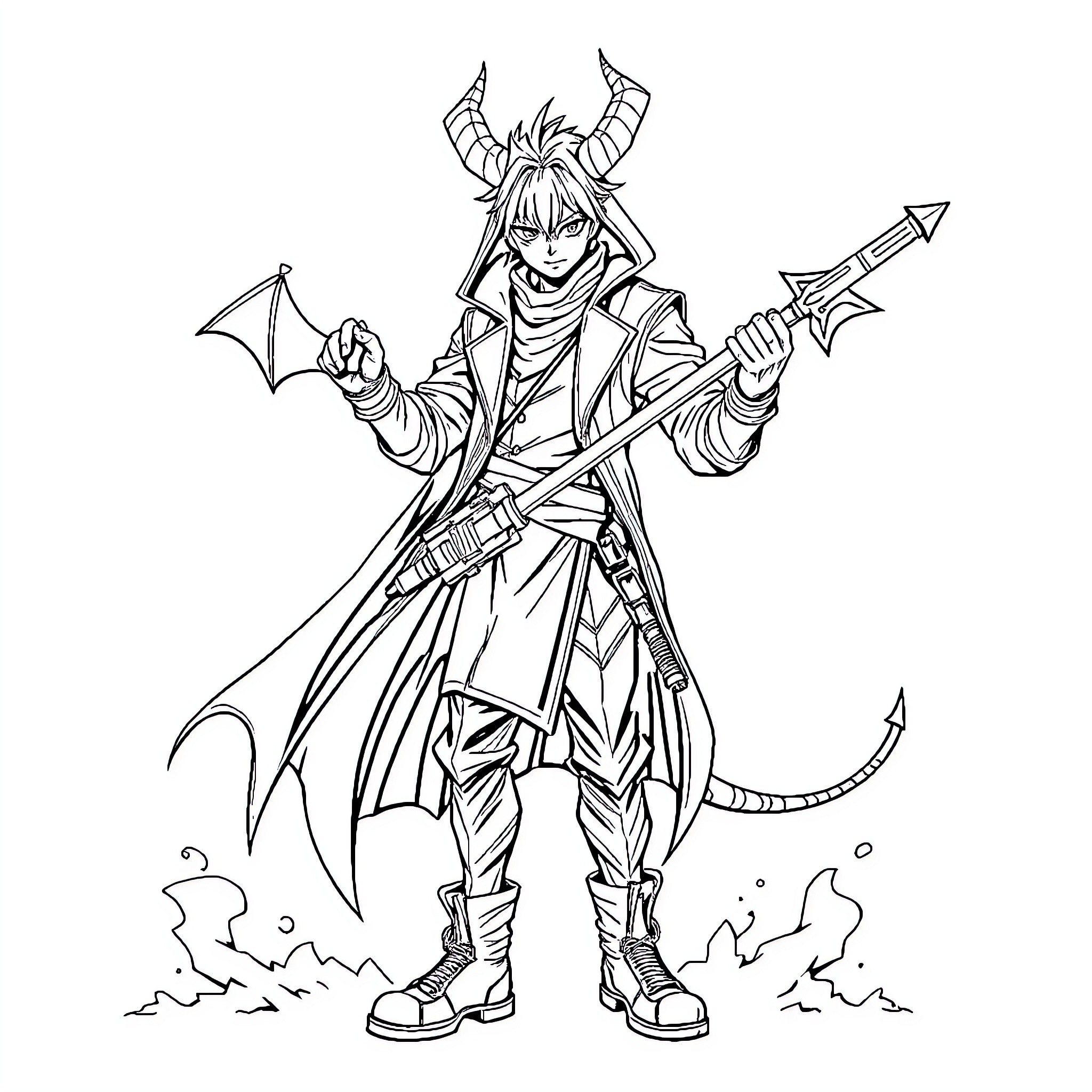 Kpop Demon Hunter wielding mystical weapons Coloring Page (free black-and-white line drawing printable PDF for all, from beginners to advanced learners, including children, teens, adults, and seniors)