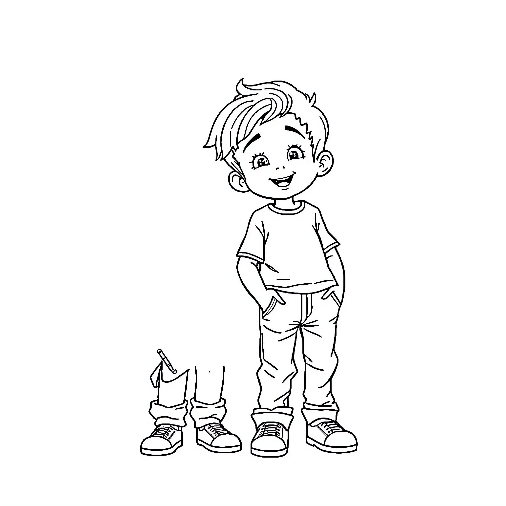 Niño happily smiling in casual outfit Coloring Page (free black-and-white line drawing printable PDF for all, from beginners to advanced learners, including children, teens, adults, and seniors)