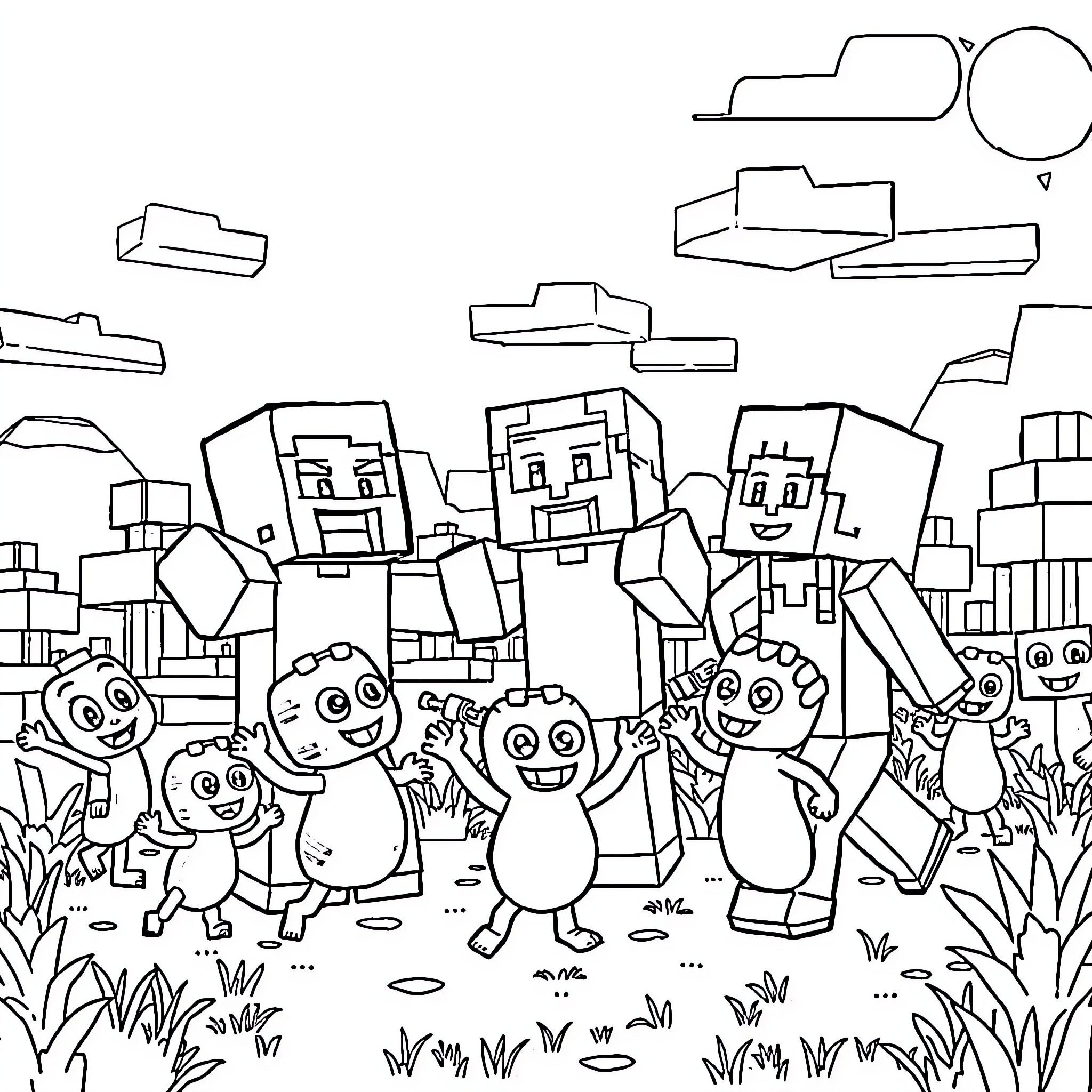 Minecraft Characters Playing Happily in a Blocky Landscape Coloring Page (free black-and-white line drawing printable PDF for all, from beginners to advanced learners, including children, teens, adults, and seniors)