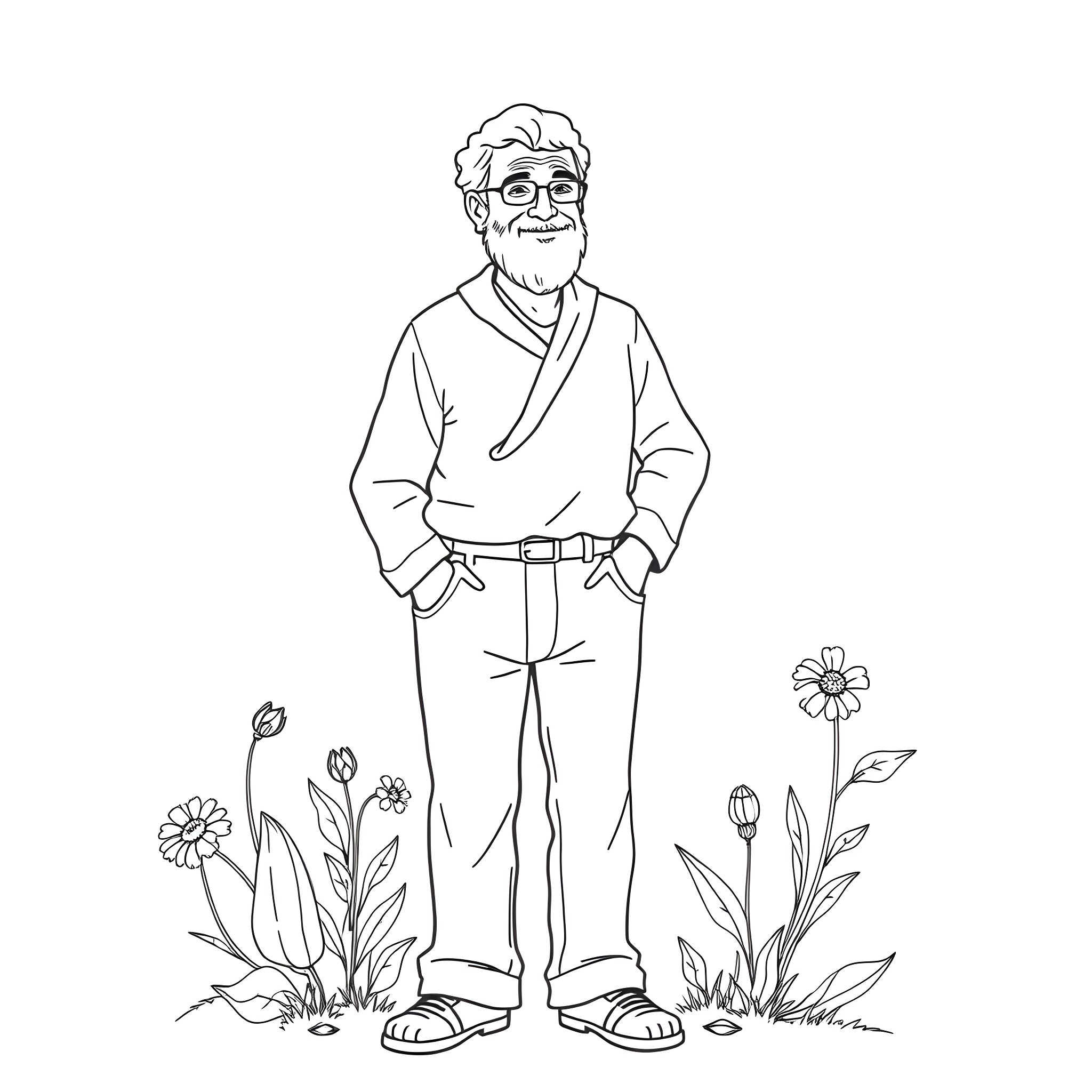 Adult Man Standing Amidst Floral Illustrations Coloring Page (free black-and-white line drawing printable PDF for all, from beginners to advanced learners, including children, teens, adults, and seniors)