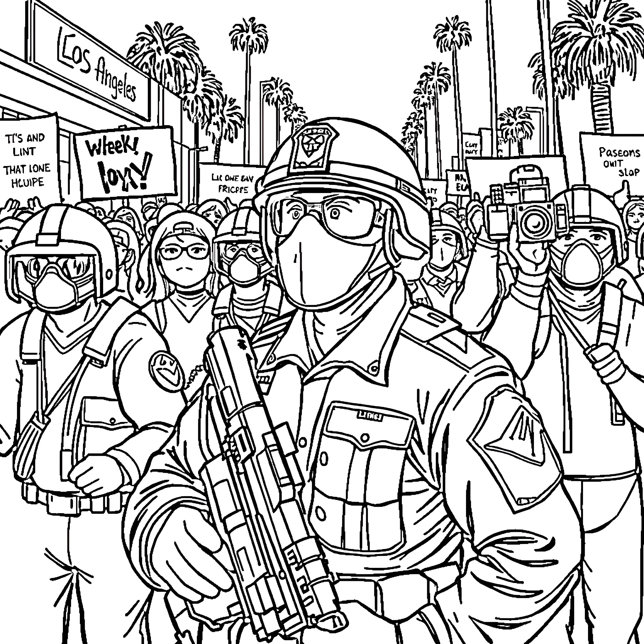 Soldier in a crowded urban protest scene Coloring Page (free black-and-white line drawing printable PDF for all, from beginners to advanced learners, including children, teens, adults, and seniors)