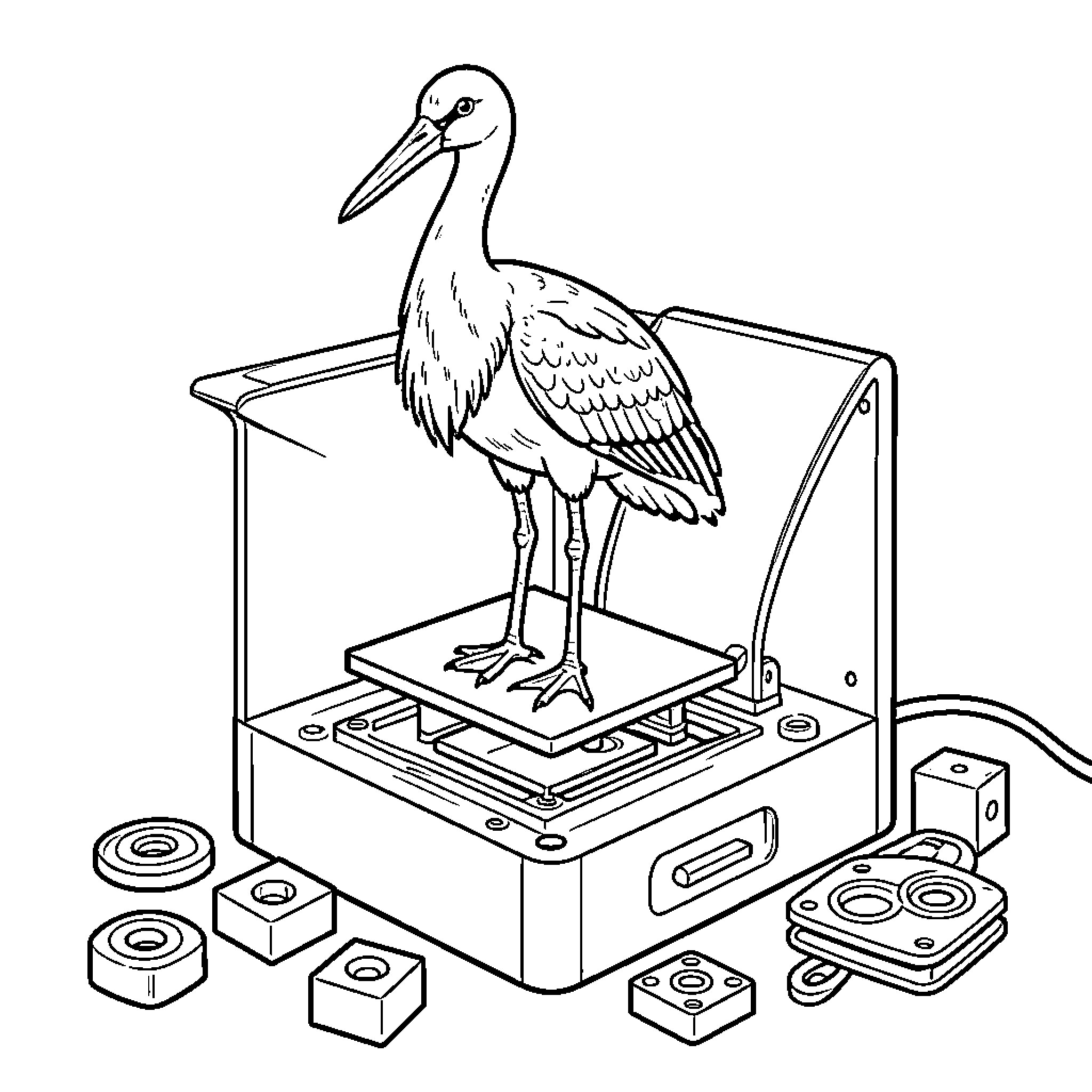Cigogne perchée sur un dispositif électronique Coloring Page (free black-and-white line drawing printable PDF for all, from beginners to advanced learners, including children, teens, adults, and seniors)