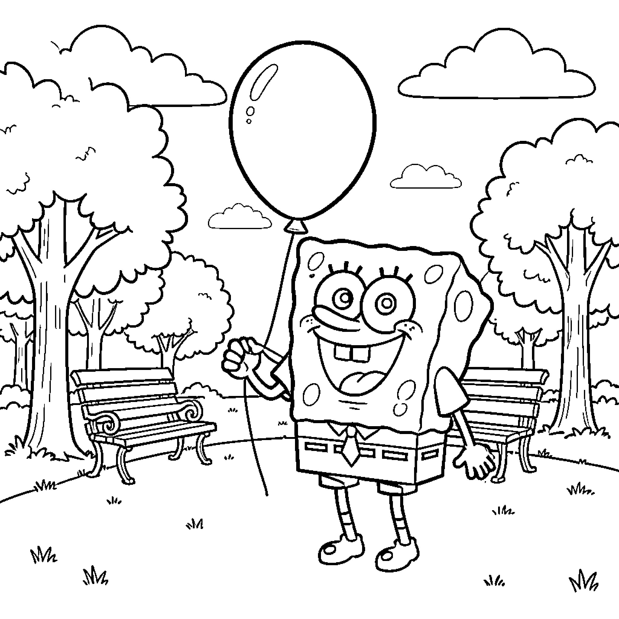 Spongebob smiling happily while holding a single balloon Coloring Page (free black-and-white line drawing printable PDF for all, from beginners to advanced learners, including children, teens, adults, and seniors)
