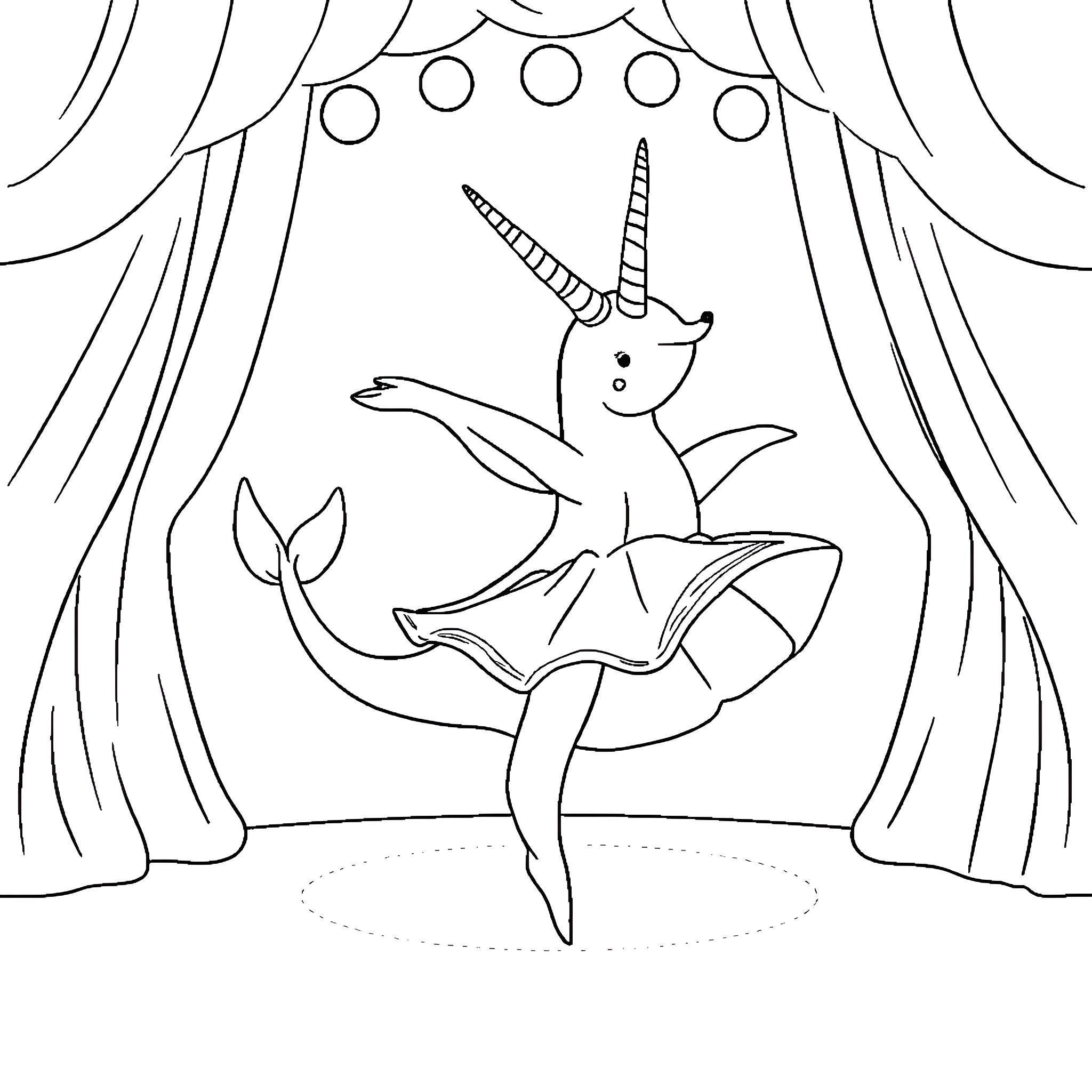 Narwhal performing graceful dance in the spotlight Coloring Page (free black-and-white line drawing printable PDF for all, from beginners to advanced learners, including children, teens, adults, and seniors)