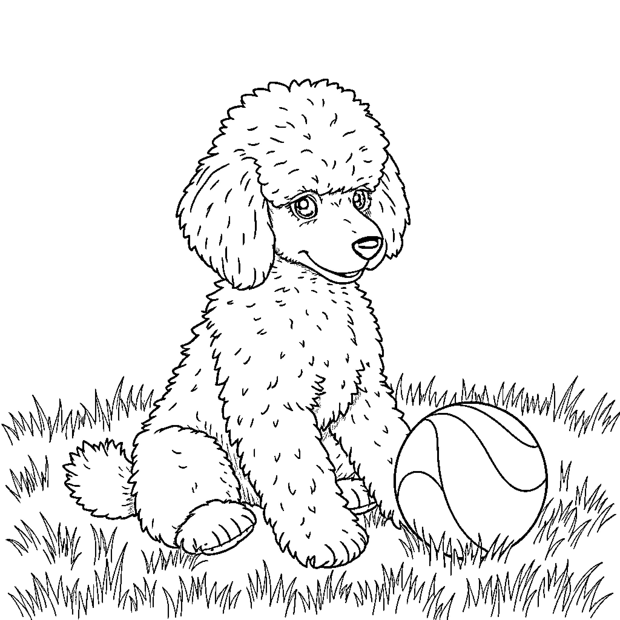 Poodle playing with a ball in the grass Coloring Page (free black-and-white line drawing printable PDF for all, from beginners to advanced learners, including children, teens, adults, and seniors)