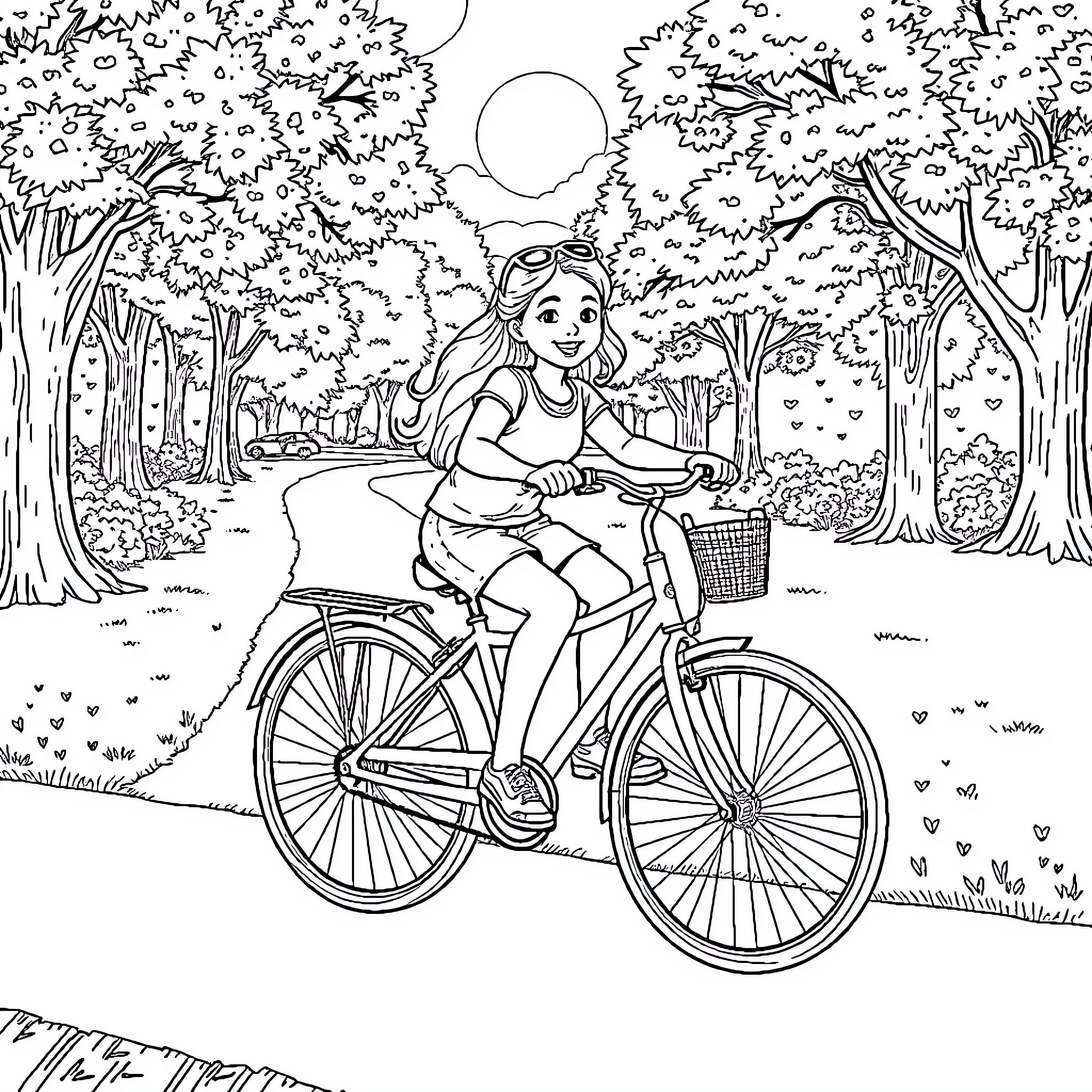 Hadassah's Bicycle Ride Through the Woodland Coloring Page (free black-and-white line drawing printable PDF for all, from beginners to advanced learners, including children, teens, adults, and seniors)