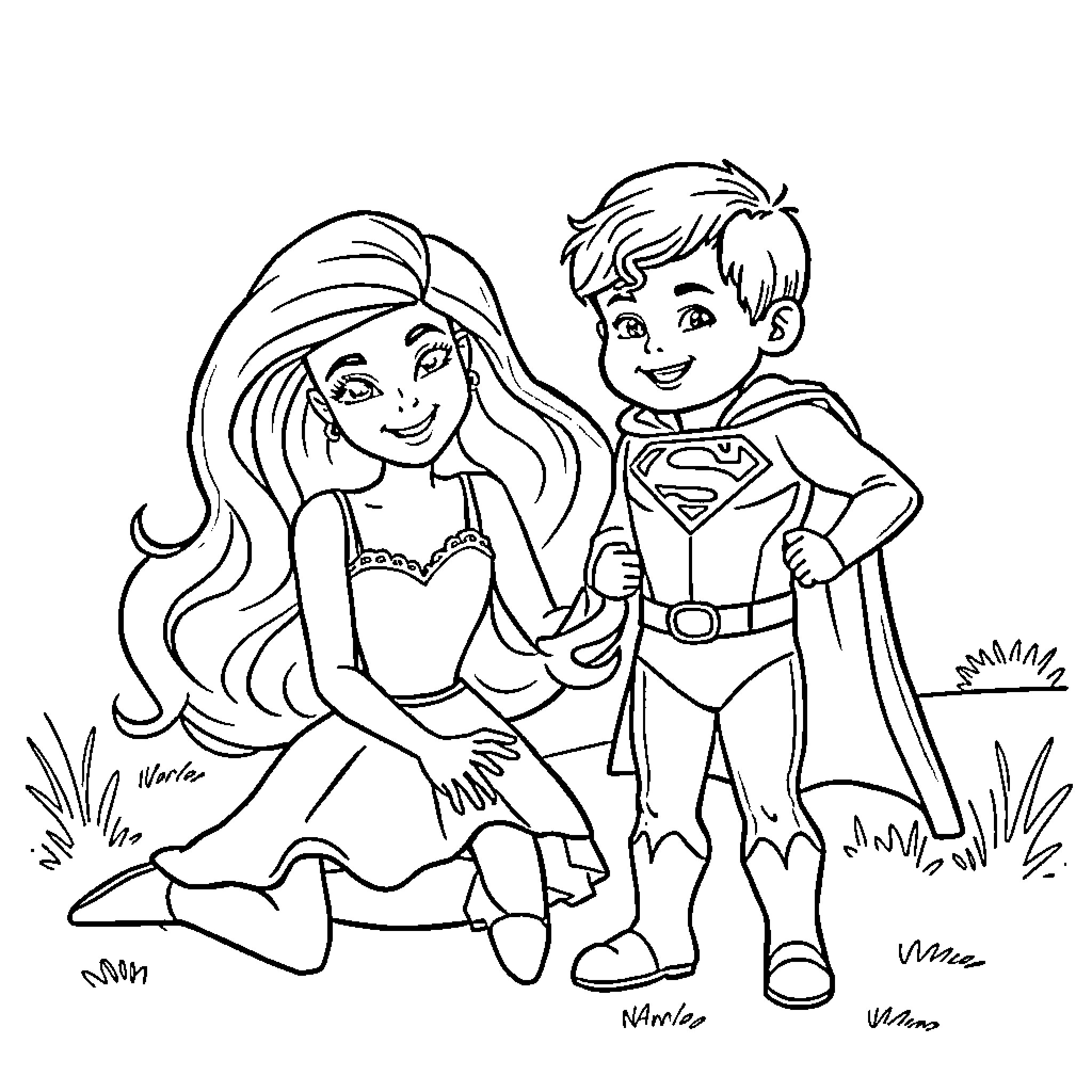Barbie and Superman Enjoying the Outdoors Coloring Page (free black-and-white line drawing printable PDF for all, from beginners to advanced learners, including children, teens, adults, and seniors)