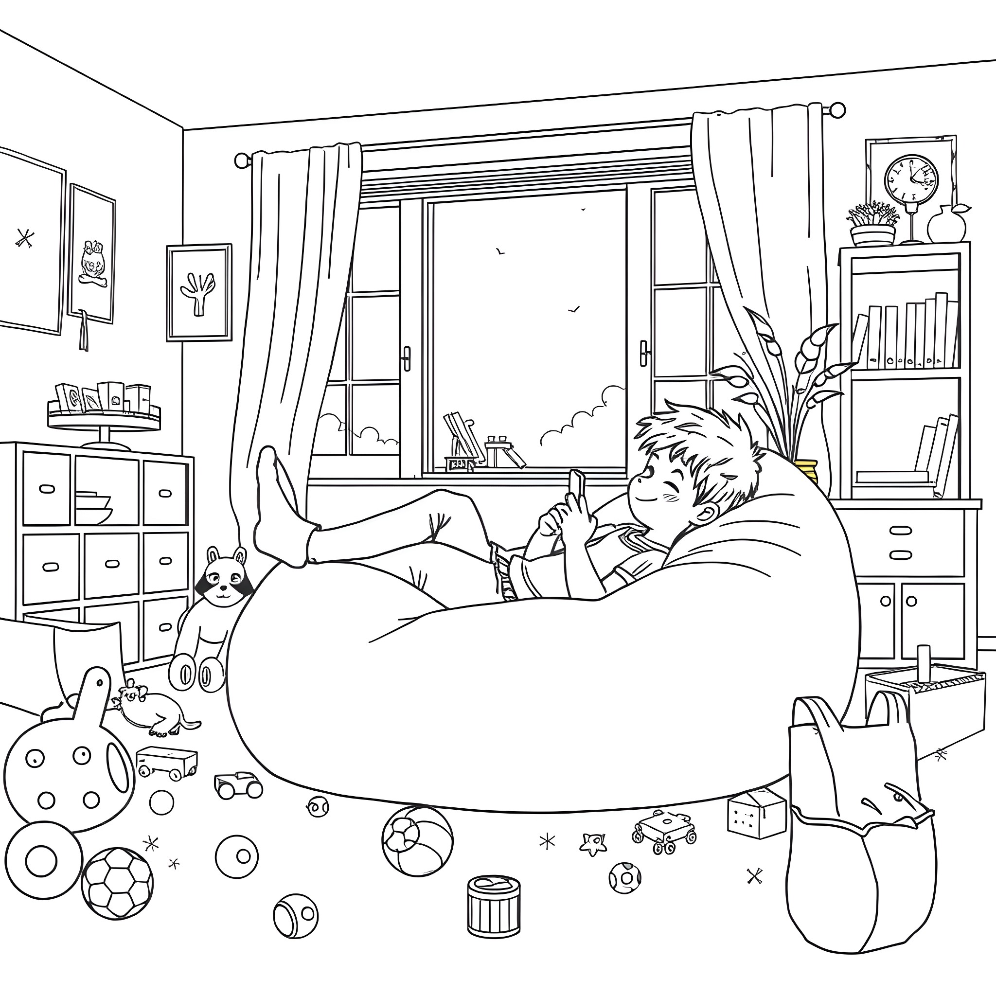 Son relaxing in his cozy bedroom surrounded by toys Coloring Page (free black-and-white line drawing printable PDF for all, from beginners to advanced learners, including children, teens, adults, and seniors)
