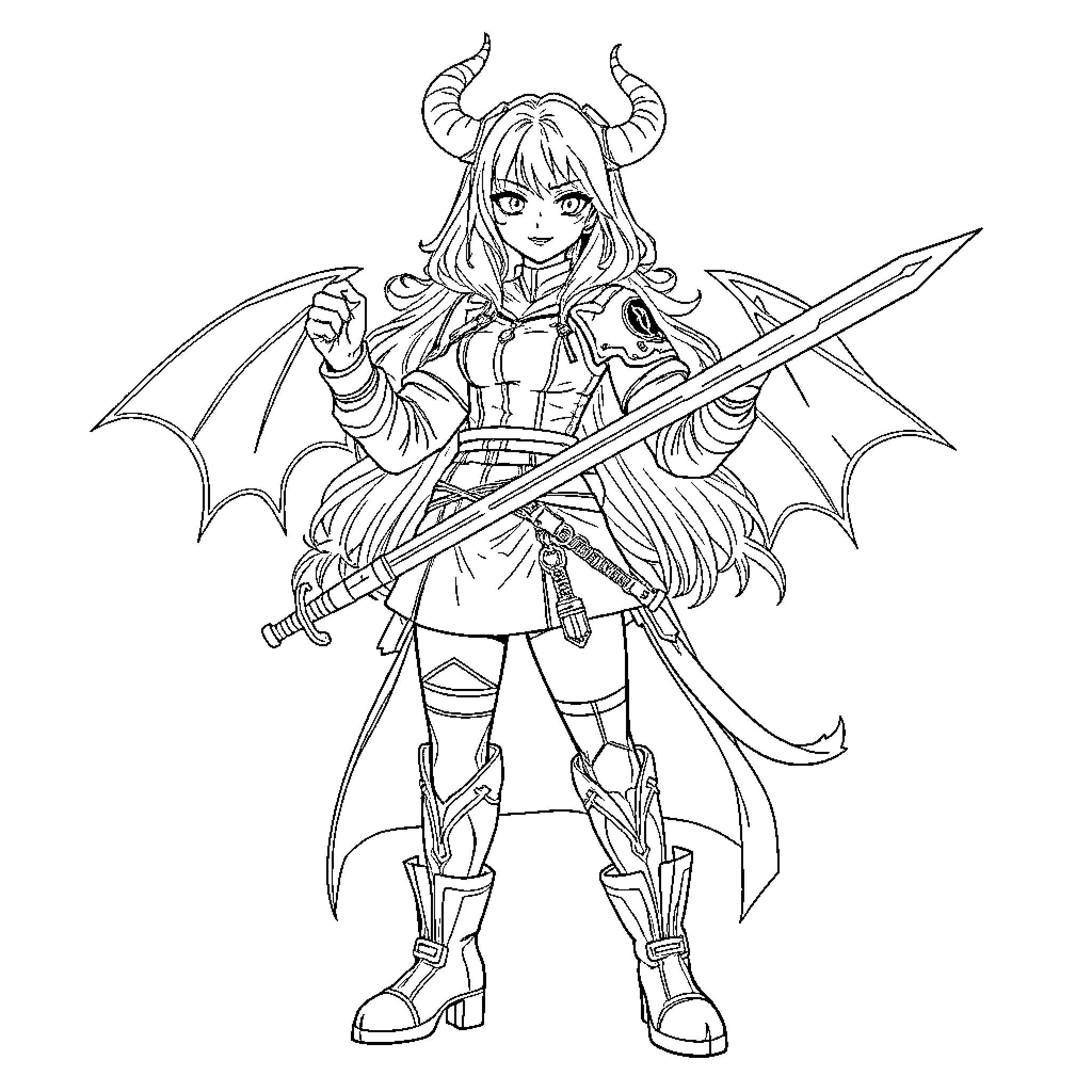 Demon Hunter Wielding Sword in Fierce Pose Coloring Page (free black-and-white line drawing printable PDF for all, from beginners to advanced learners, including children, teens, adults, and seniors)