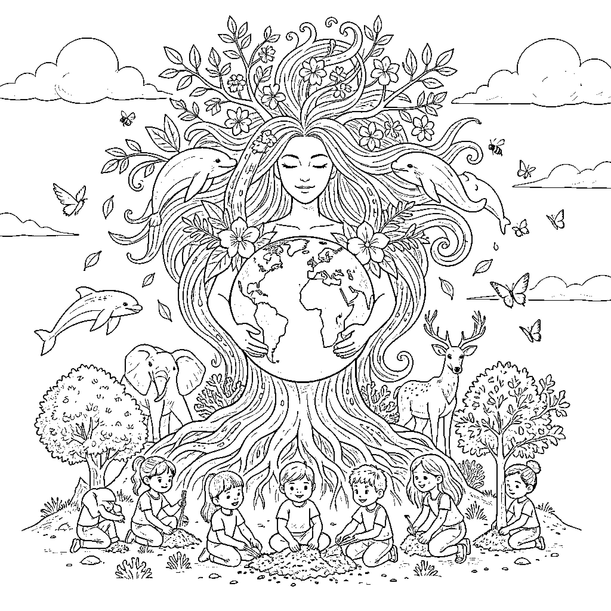 Mother Earth holding the globe with nature and children Coloring Page (free black-and-white line drawing printable PDF for all, from beginners to advanced learners, including children, teens, adults, and seniors)
