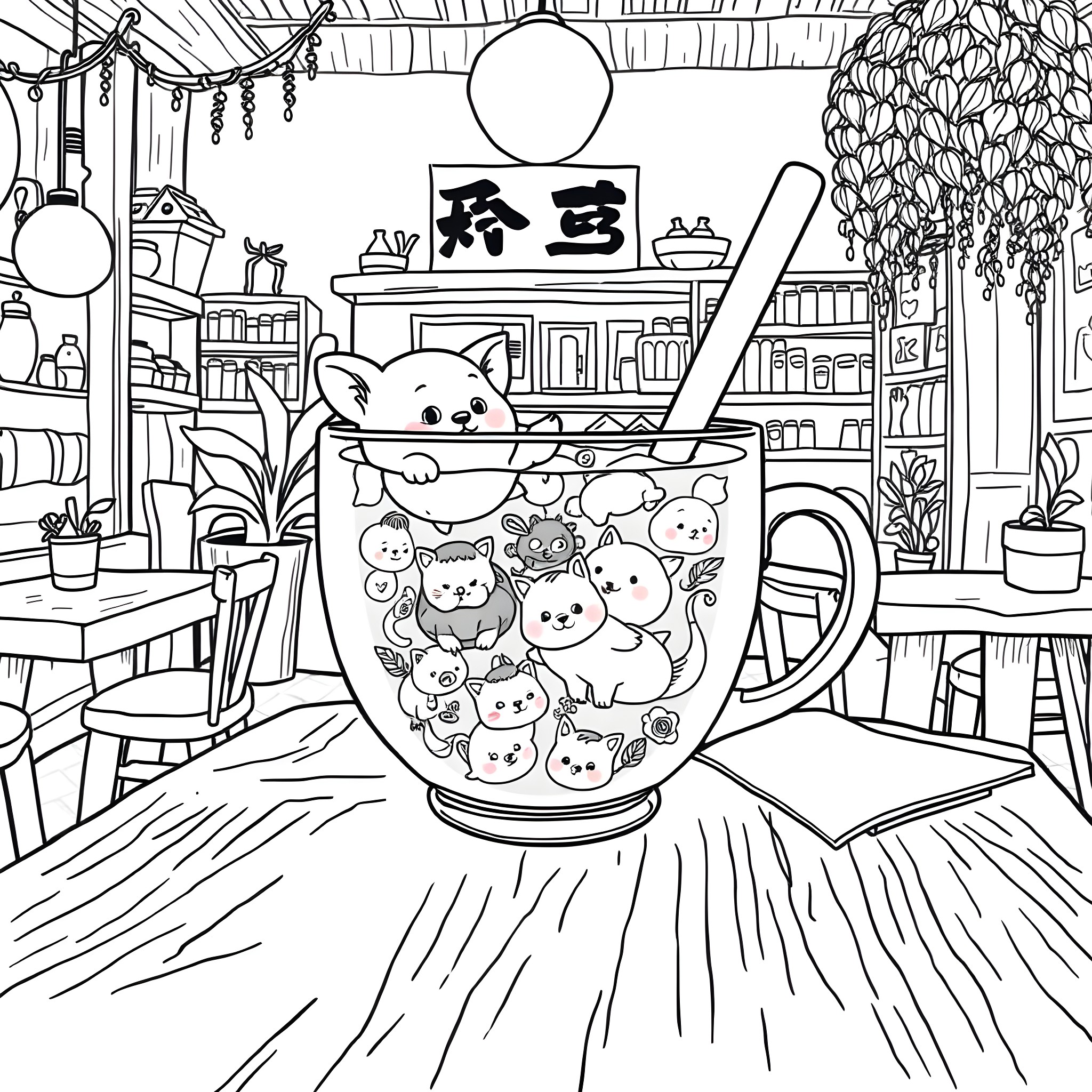 Animal playing with adorable creatures in teacup Coloring Page (free black-and-white line drawing printable PDF for all, from beginners to advanced learners, including children, teens, adults, and seniors)