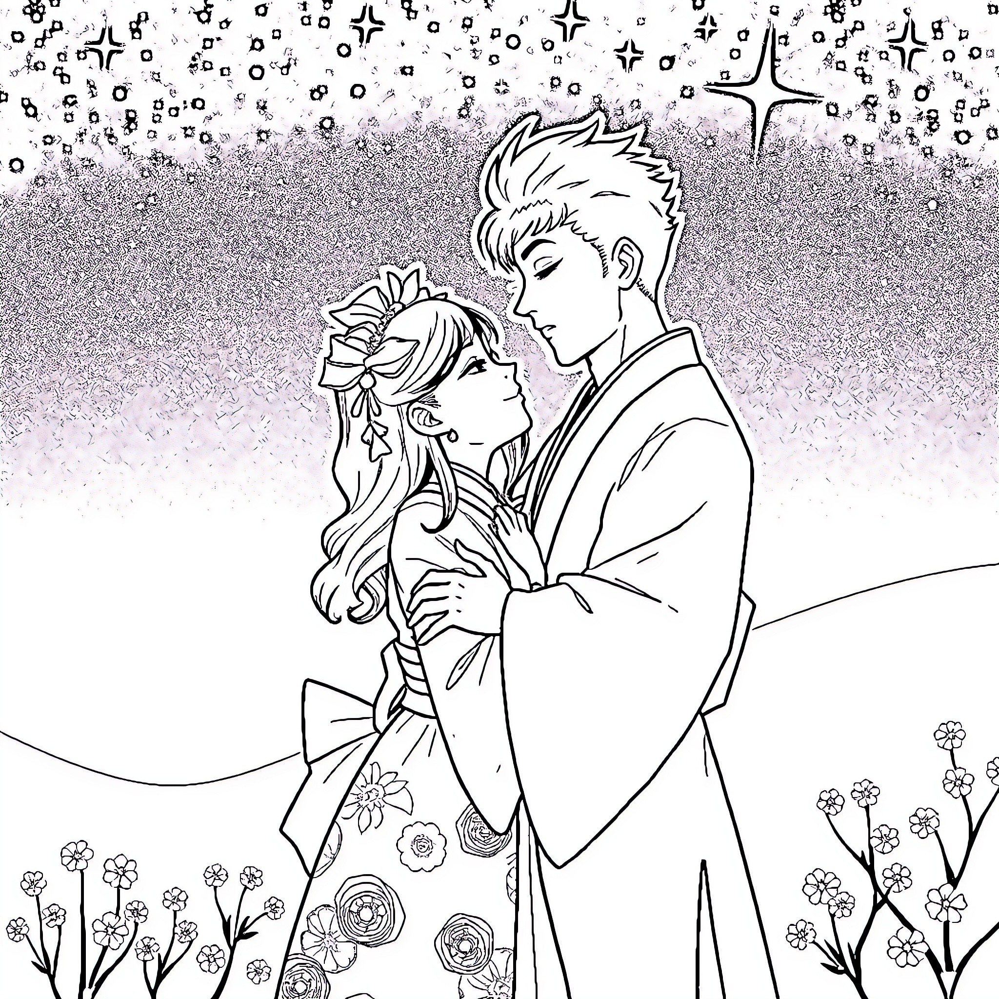 Tanjiro and his beloved in a magical scene Coloring Page (free black-and-white line drawing printable PDF for all, from beginners to advanced learners, including children, teens, adults, and seniors)
