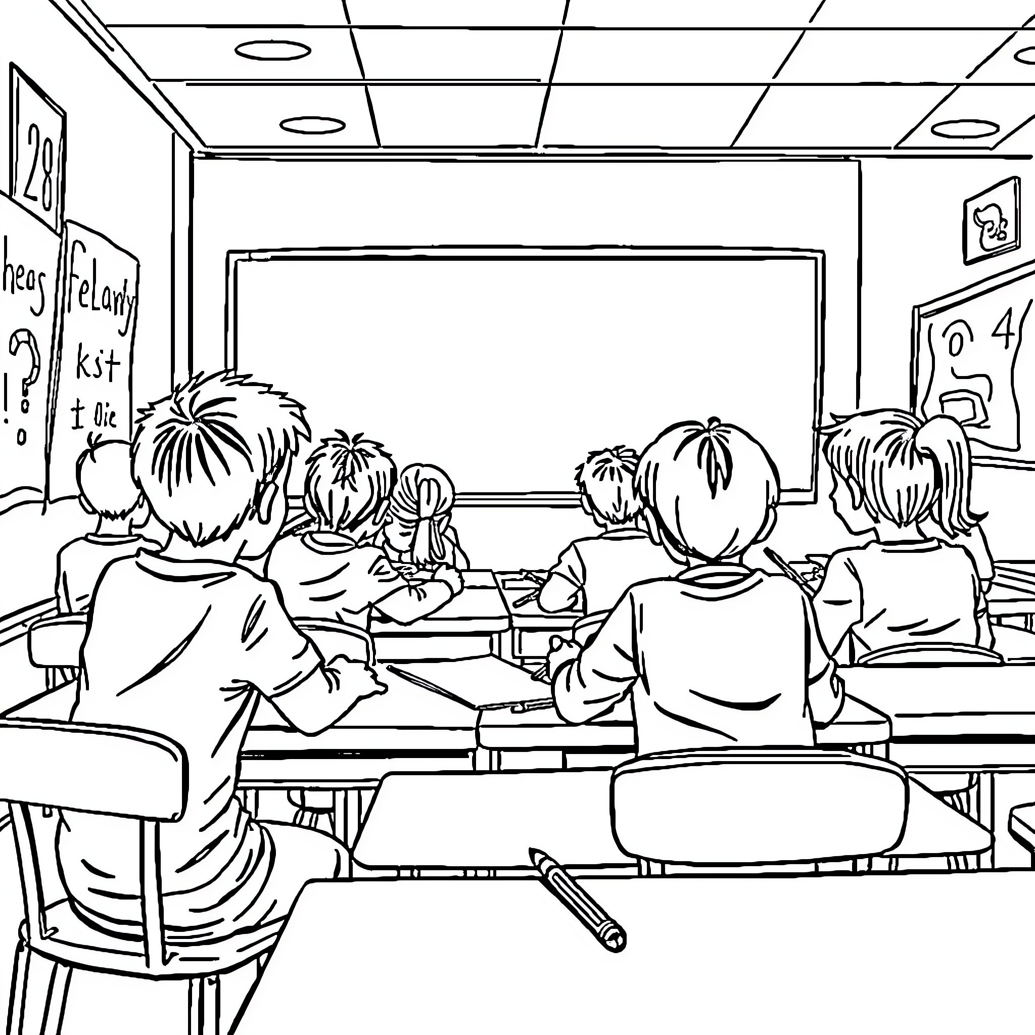 Students sitting in classroom with learning materials Coloring Page (free black-and-white line drawing printable PDF for all, from beginners to advanced learners, including children, teens, adults, and seniors)