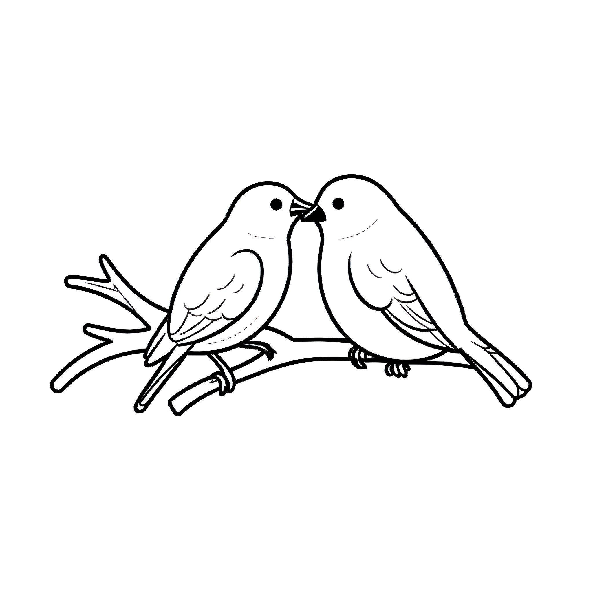 Tit-friendly Lovebirds on Branch Coloring Page (free black-and-white line drawing printable PDF for all, from beginners to advanced learners, including children, teens, adults, and seniors)