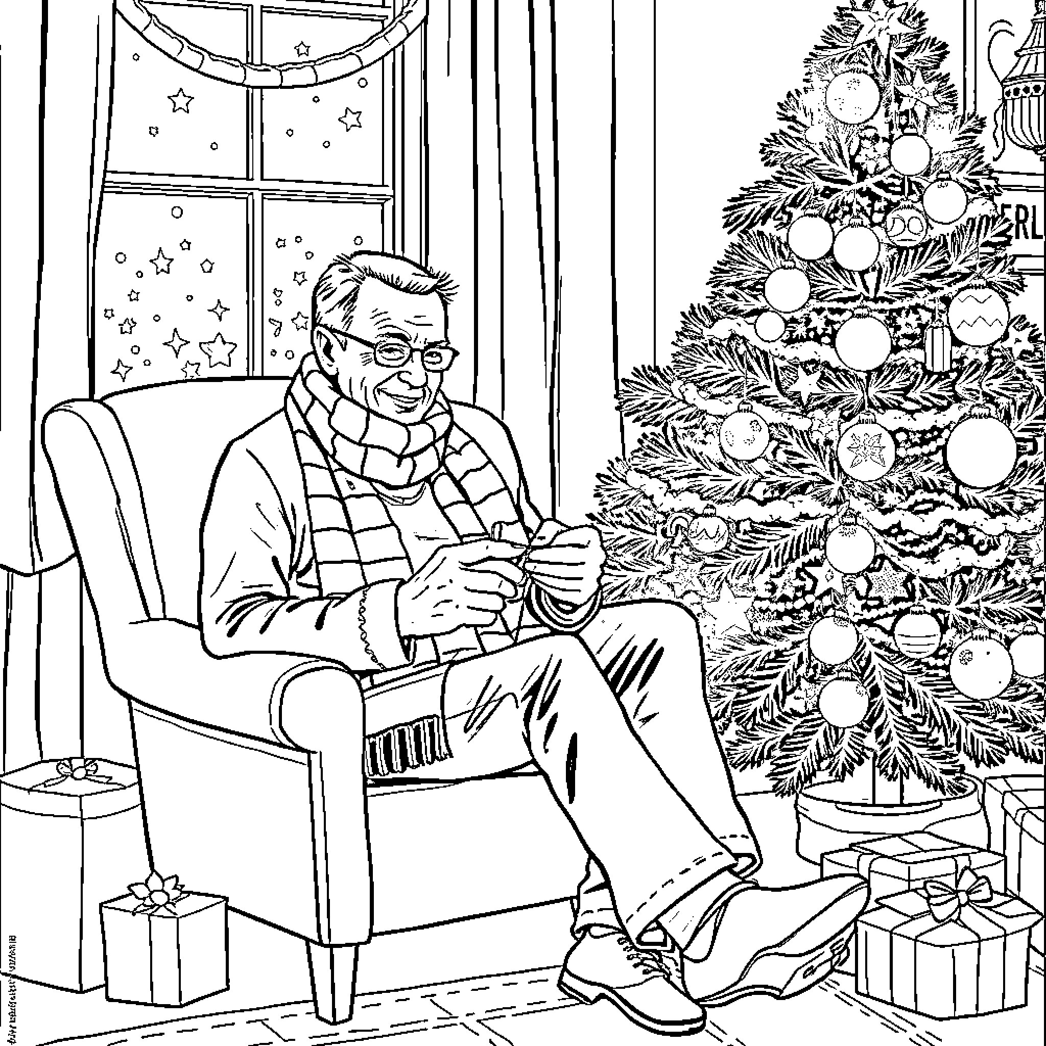 Erling Haaland enjoying a cozy winter moment by the Christmas tree Coloring Page (free black-and-white line drawing printable PDF for all, from beginners to advanced learners, including children, teens, adults, and seniors)