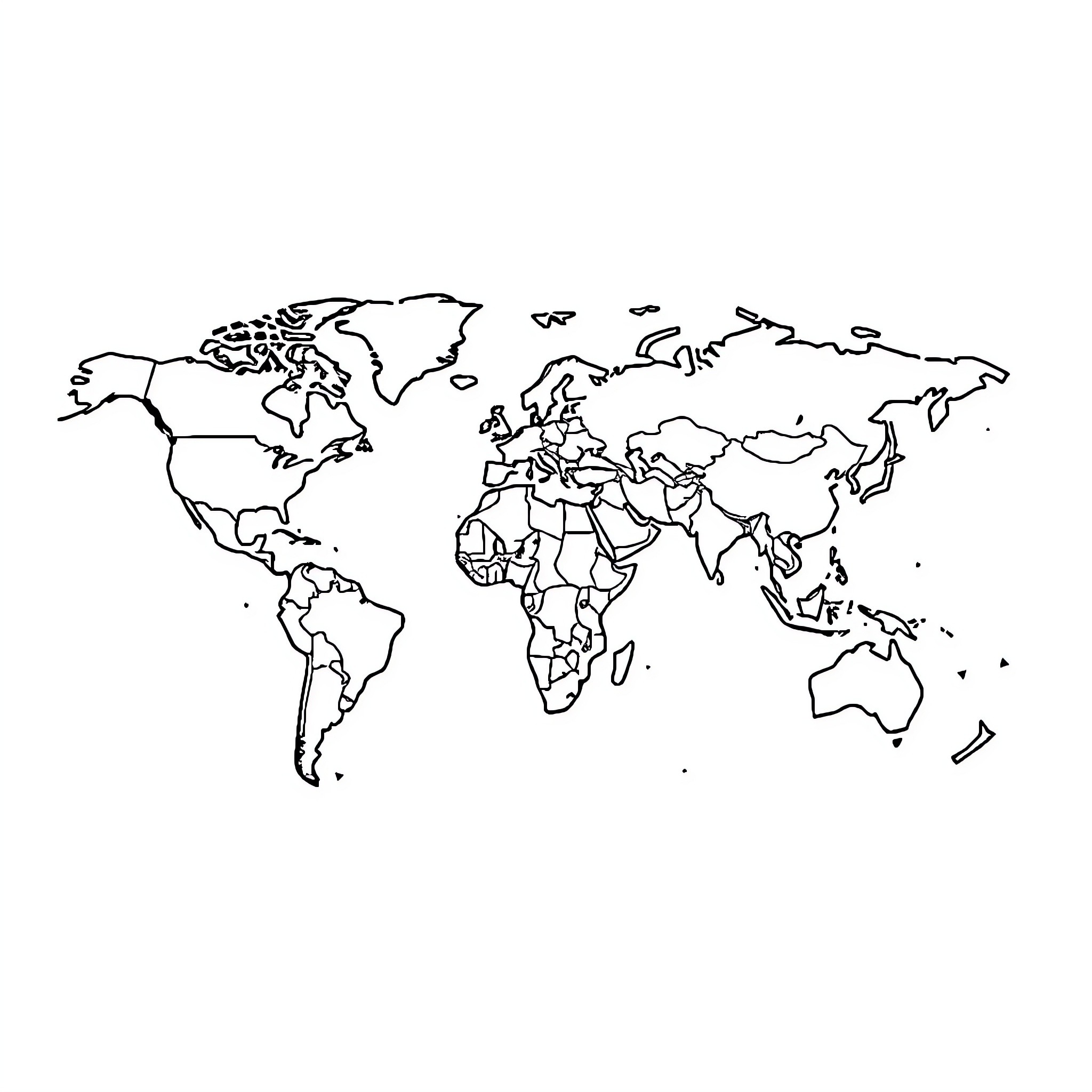World Map Outline Sketch Coloring Page (free black-and-white line drawing printable PDF for all, from beginners to advanced learners, including children, teens, adults, and seniors)