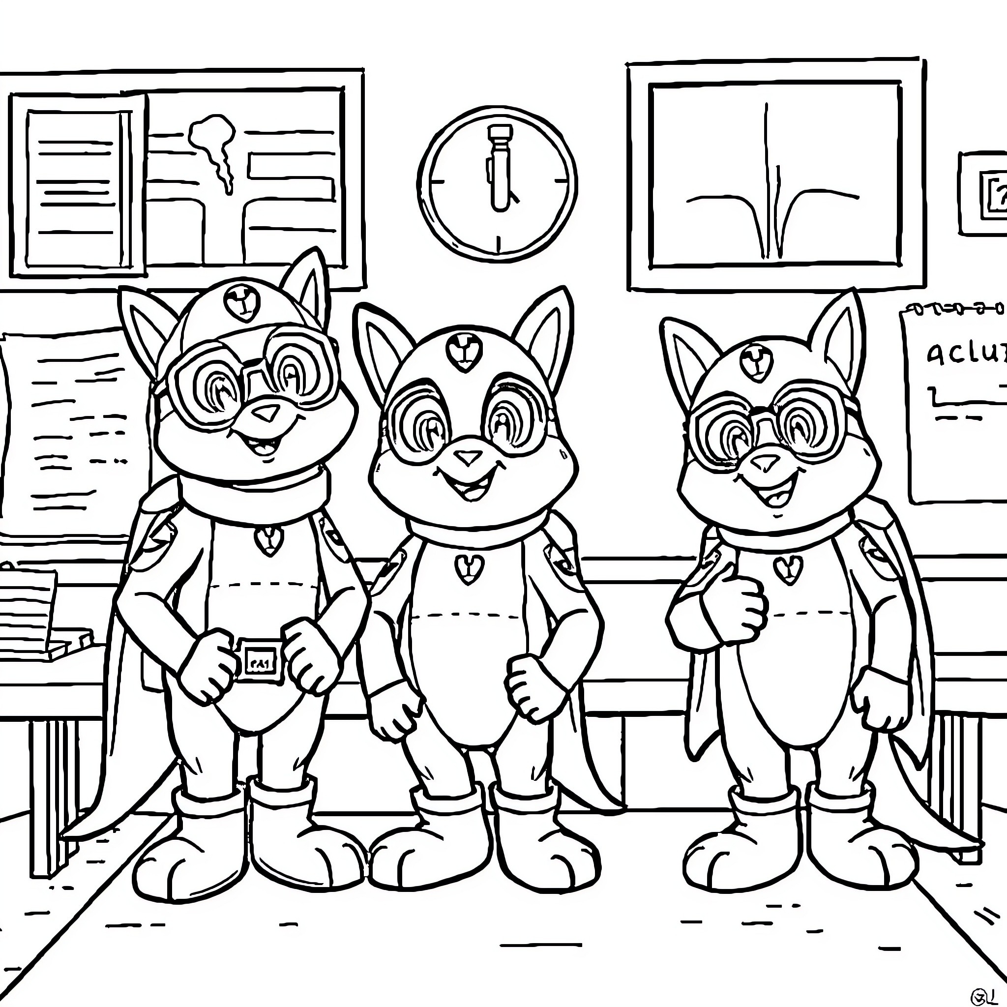 Pat Patrol pups on duty in the classroom Coloring Page (free black-and-white line drawing printable PDF for all, from beginners to advanced learners, including children, teens, adults, and seniors)