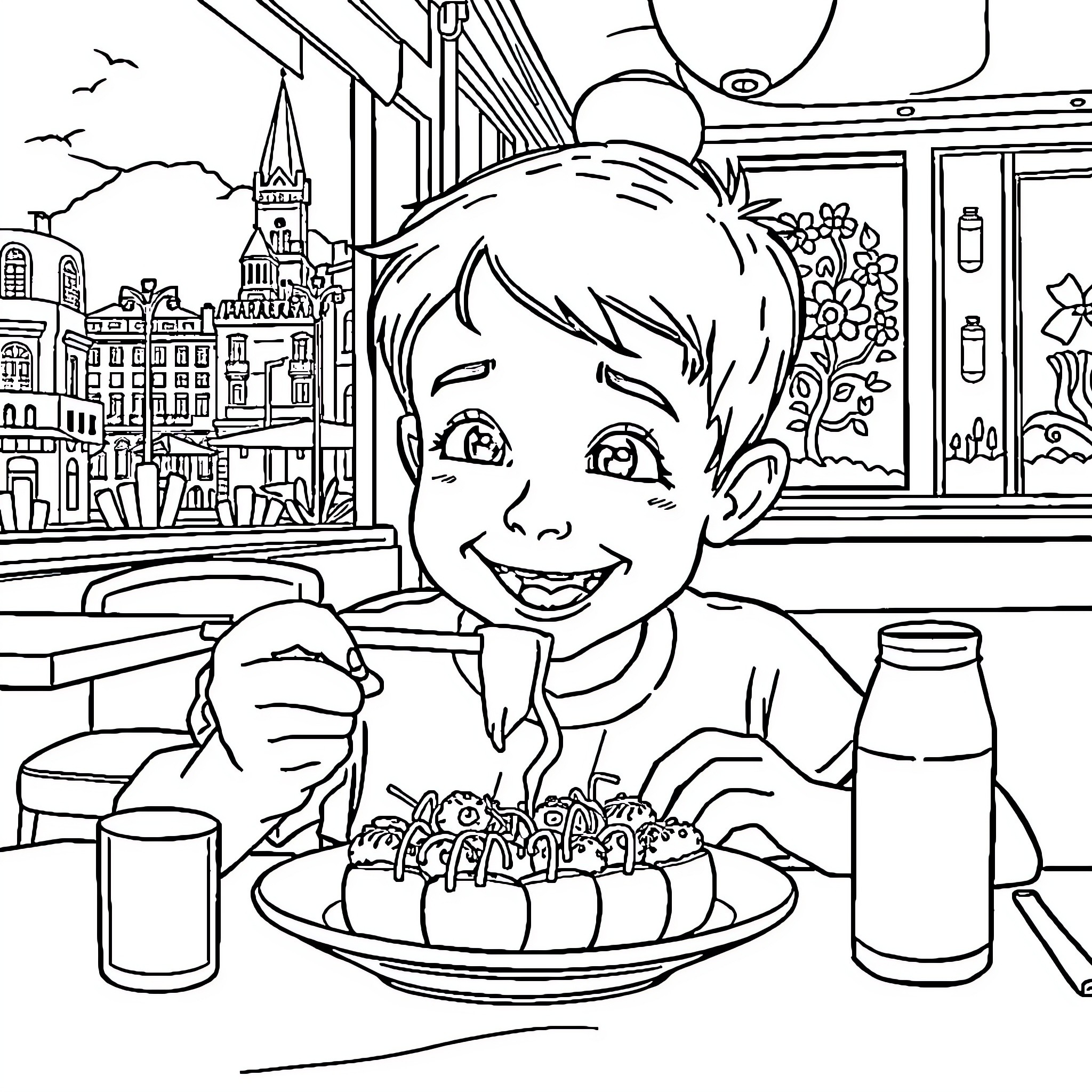 Boy Enjoys Birthday Cake in Cafe Coloring Page (free black-and-white line drawing printable PDF for all, from beginners to advanced learners, including children, teens, adults, and seniors)