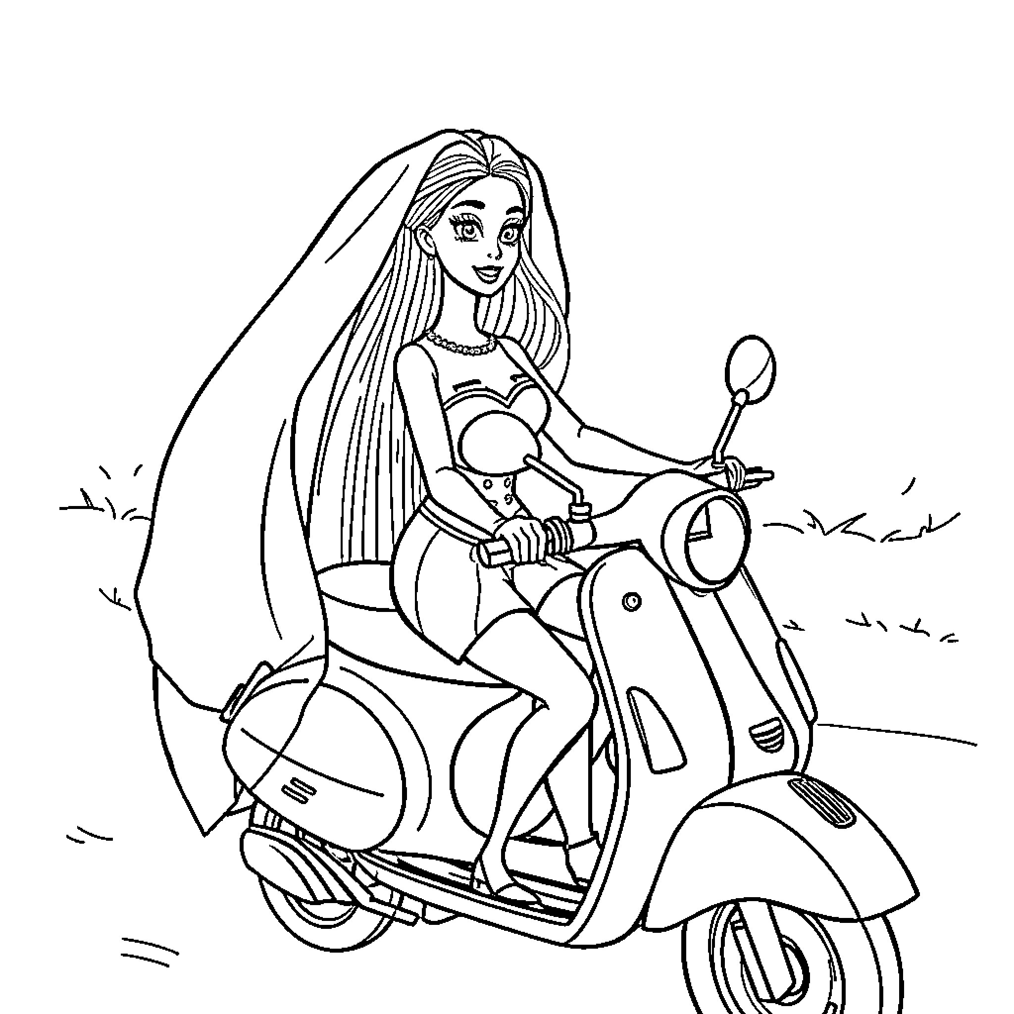 Barbie riding a scooter in the outdoors Coloring Page (free black-and-white line drawing printable PDF for all, from beginners to advanced learners, including children, teens, adults, and seniors)
