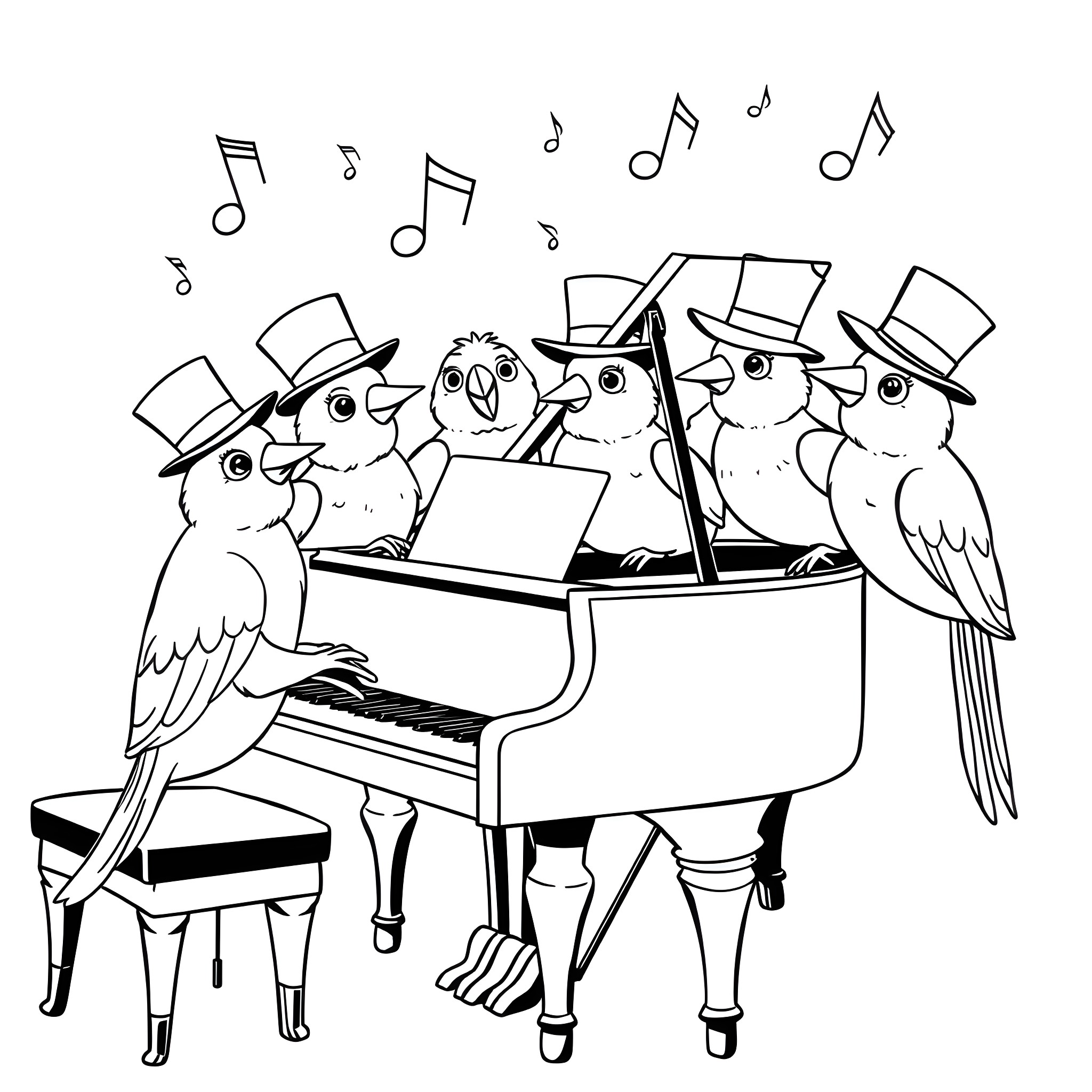 Birds singing and playing on a piano Coloring Page (free black-and-white line drawing printable PDF for all, from beginners to advanced learners, including children, teens, adults, and seniors)