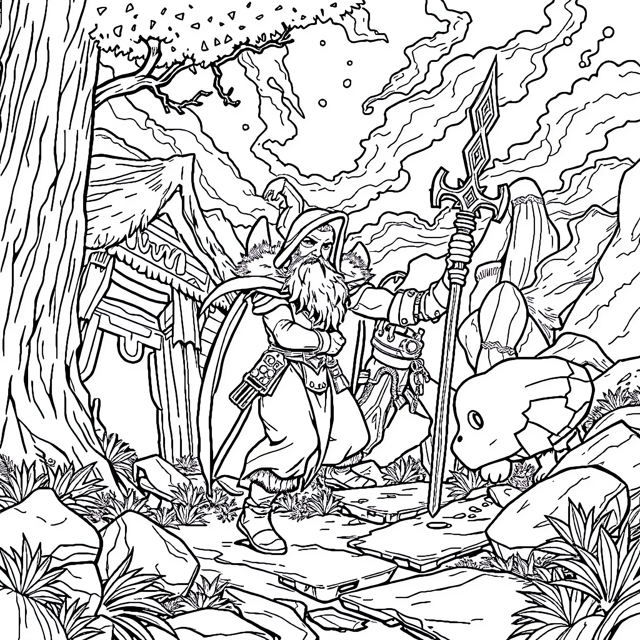 Squid Game: Warrior's Journey through the Mystical Landscape Coloring Page (free black-and-white line drawing printable PDF for all, from beginners to advanced learners, including children, teens, adults, and seniors)