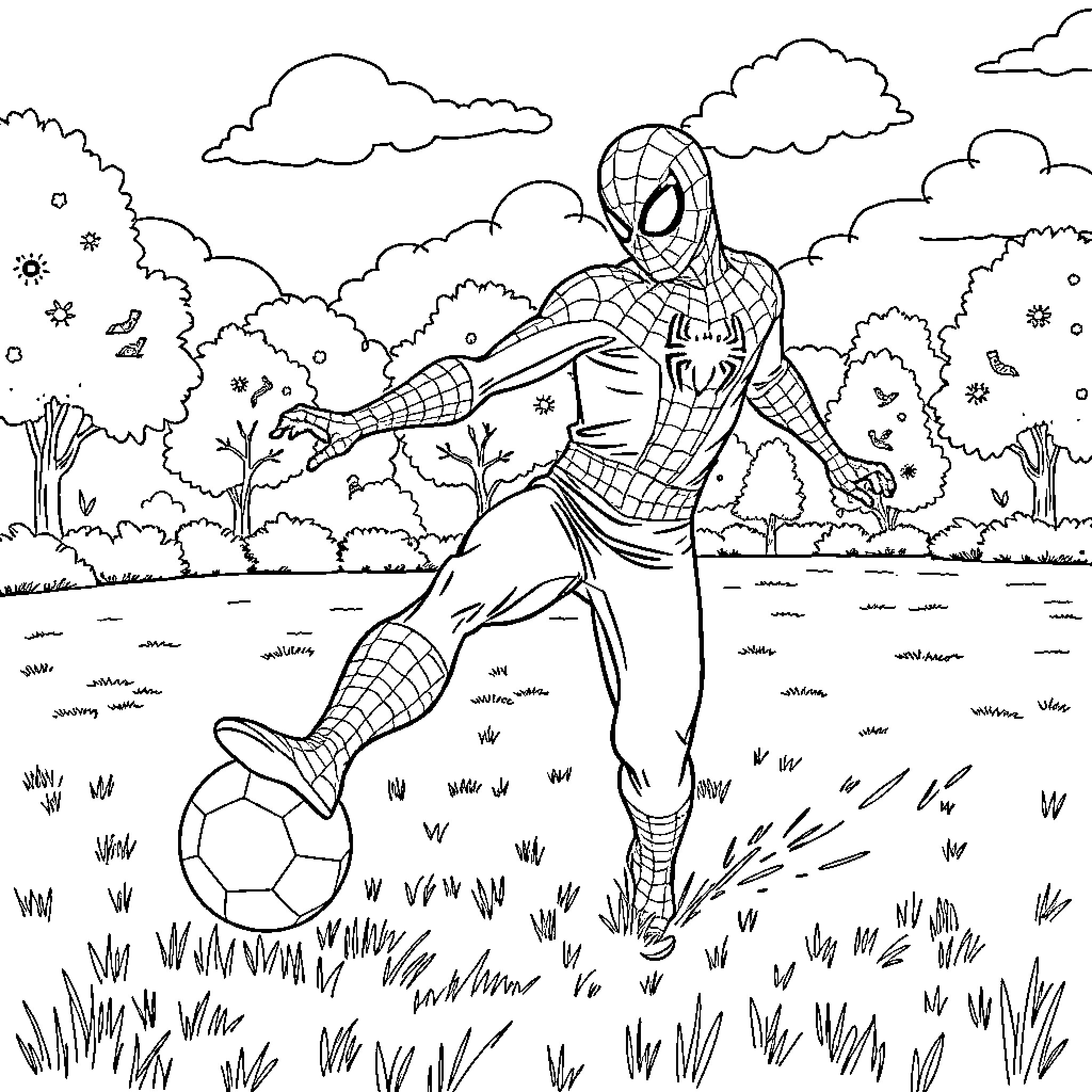 Spiderman kicking a soccer ball in a nature setting Coloring Page (free black-and-white line drawing printable PDF for all, from beginners to advanced learners, including children, teens, adults, and seniors)