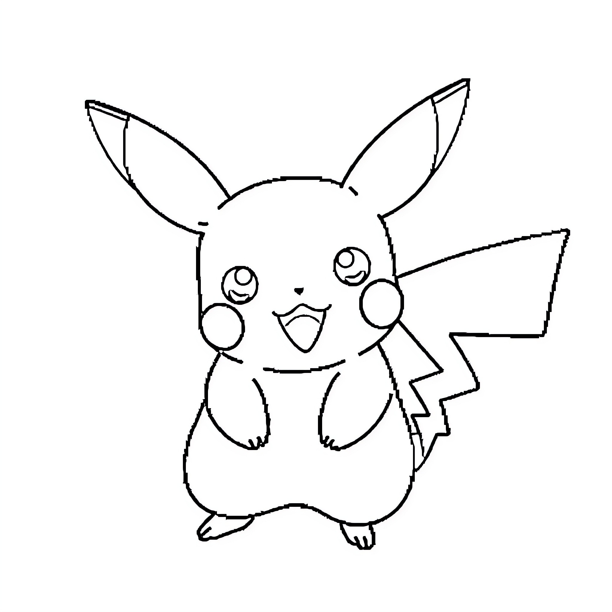 Pikachu happily posing in a sketch Coloring Page (free black-and-white line drawing printable PDF for all, from beginners to advanced learners, including children, teens, adults, and seniors)