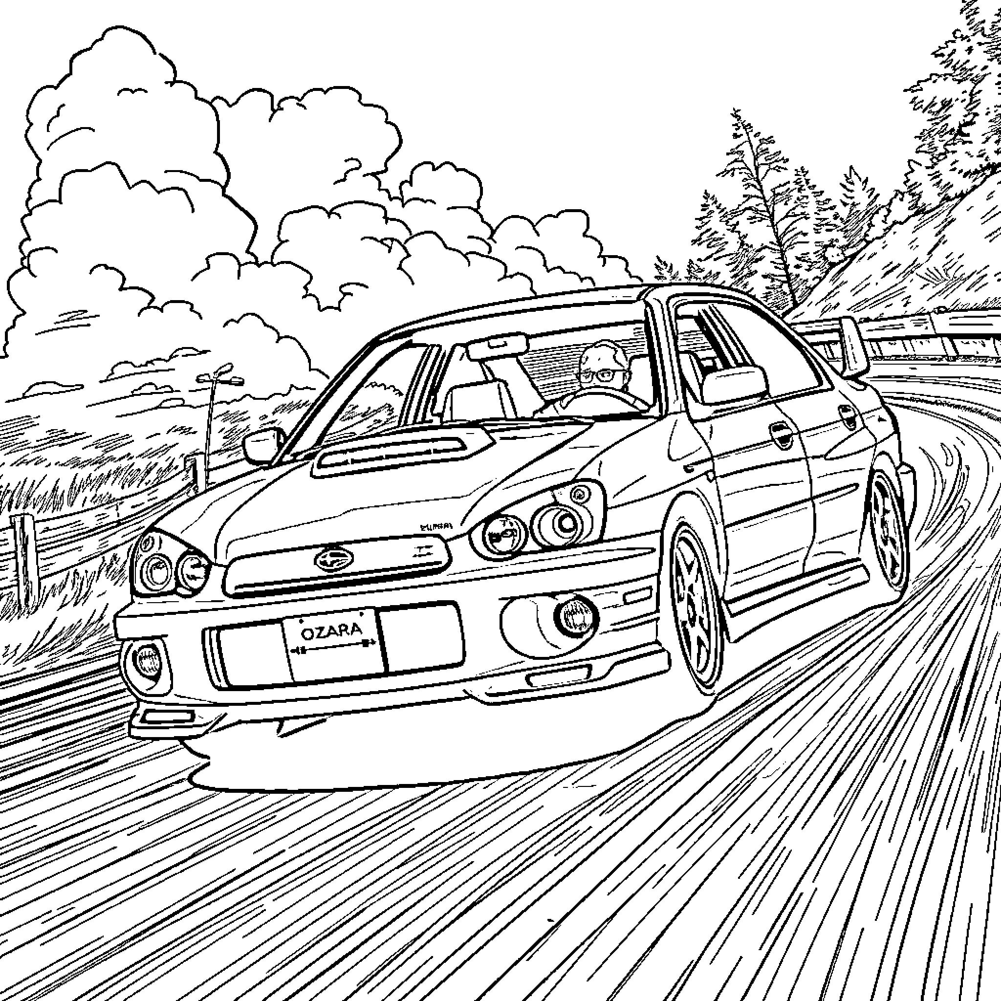 Subaru sports car speeding through winding mountain road Coloring Page (free black-and-white line drawing printable PDF for all, from beginners to advanced learners, including children, teens, adults, and seniors)