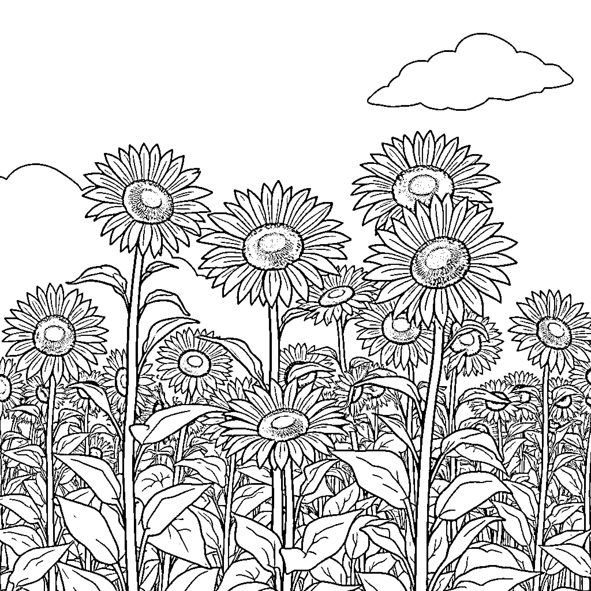 Sunflower field in bloom with fluffy clouds Coloring Page (free black-and-white line drawing printable PDF for all, from beginners to advanced learners, including children, teens, adults, and seniors)