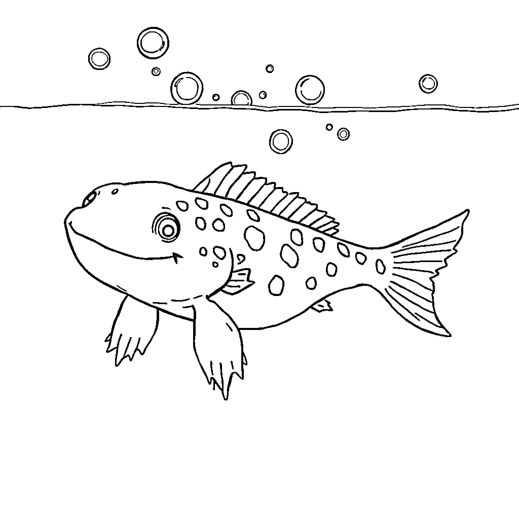 Axolotl swimming in the underwater scene Coloring Page (free black-and-white line drawing printable PDF for all, from beginners to advanced learners, including children, teens, adults, and seniors)
