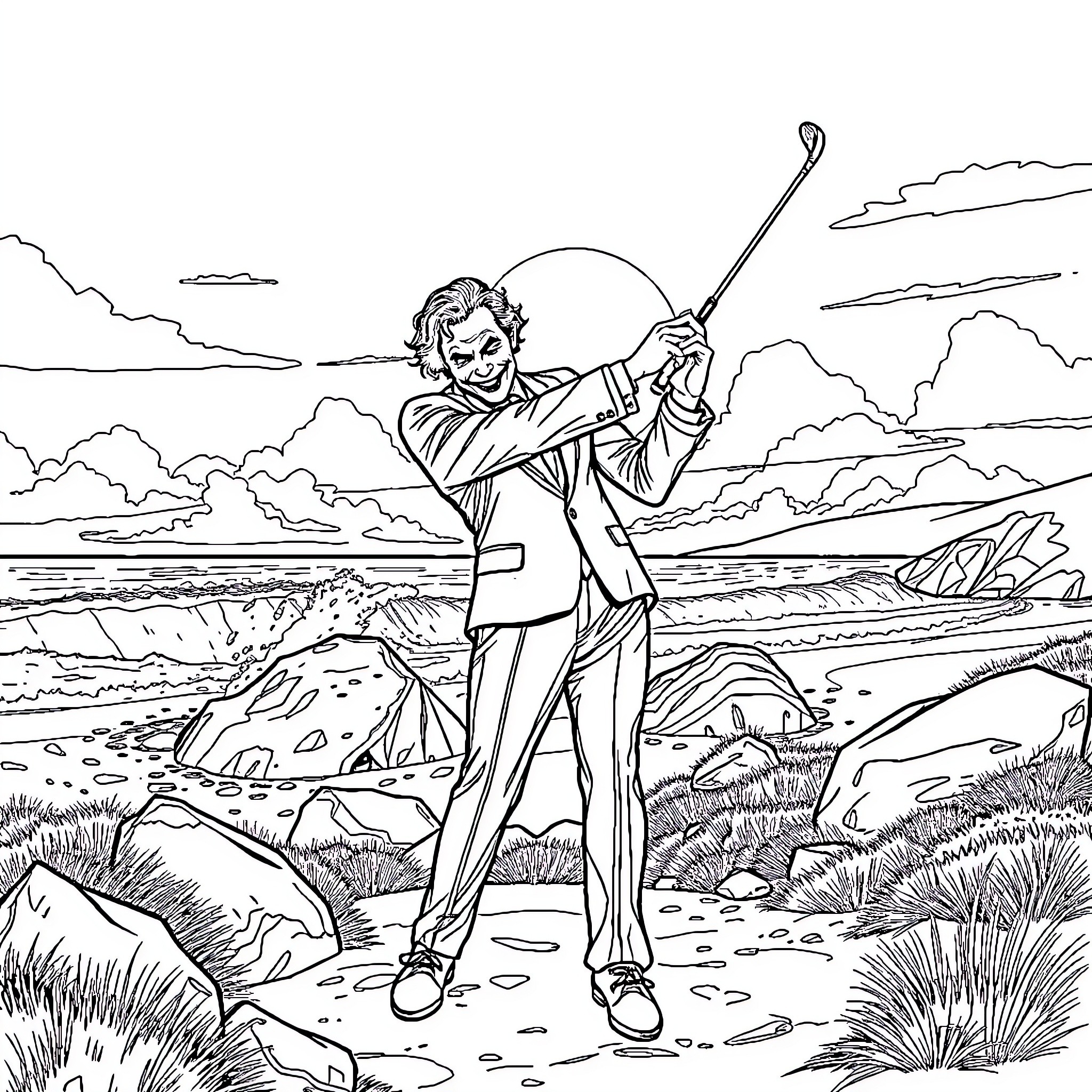Joker playing with dangerous weapon in scenic landscape Coloring Page (free black-and-white line drawing printable PDF for all, from beginners to advanced learners, including children, teens, adults, and seniors)