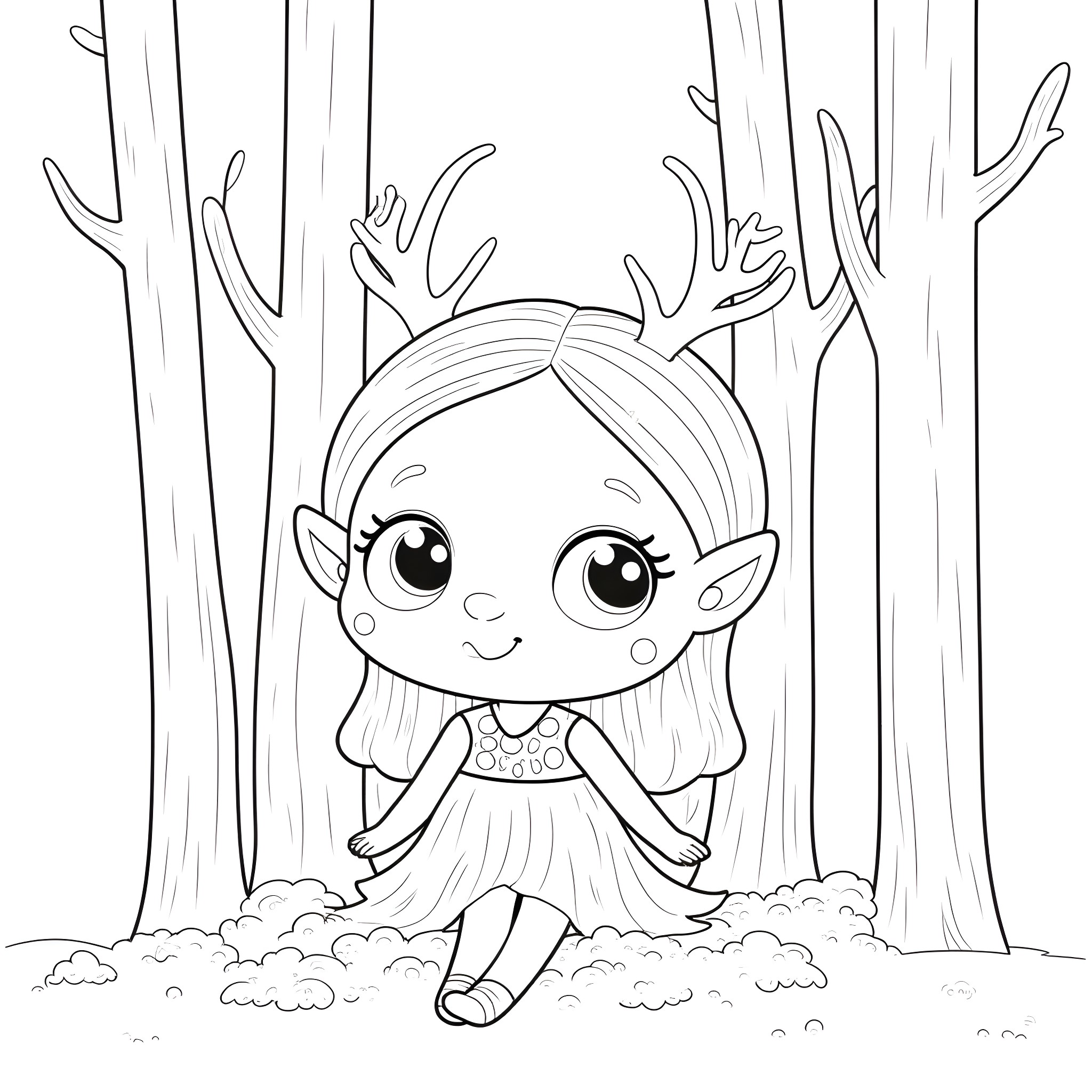 Elven Girl in the Enchanted Forest Coloring Page (free black-and-white line drawing printable PDF for all, from beginners to advanced learners, including children, teens, adults, and seniors)