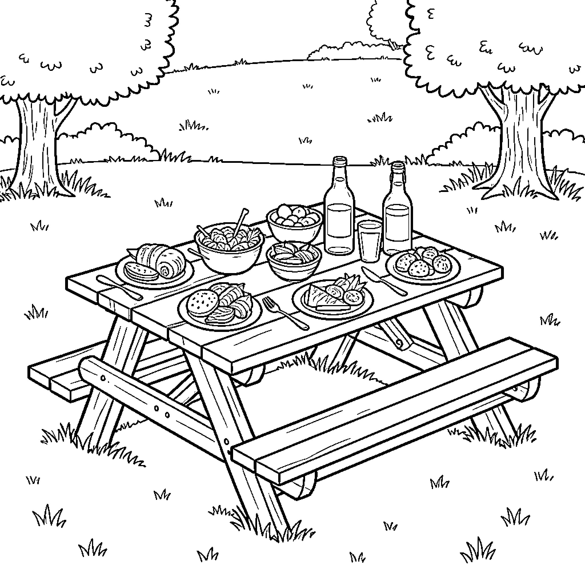 Picnic Table laden with various delicious outdoor foods Coloring Page (free black-and-white line drawing printable PDF for all, from beginners to advanced learners, including children, teens, adults, and seniors)