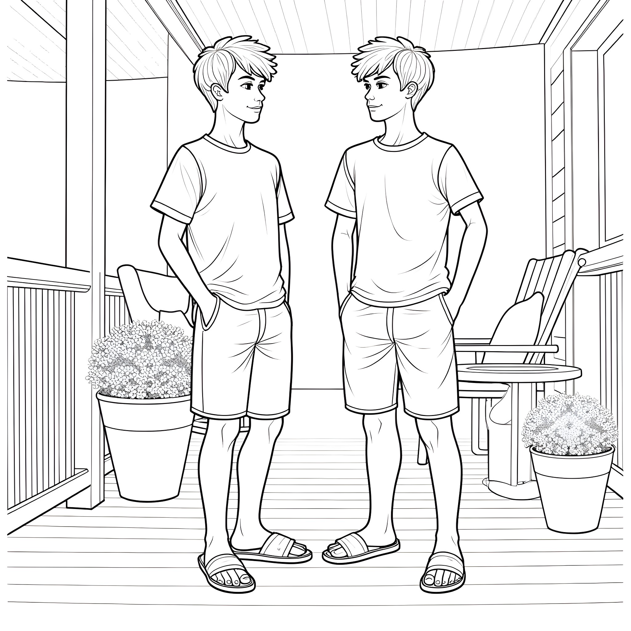 Teen Guys Hanging Out on the Porch Coloring Page (free black-and-white line drawing printable PDF for all, from beginners to advanced learners, including children, teens, adults, and seniors)