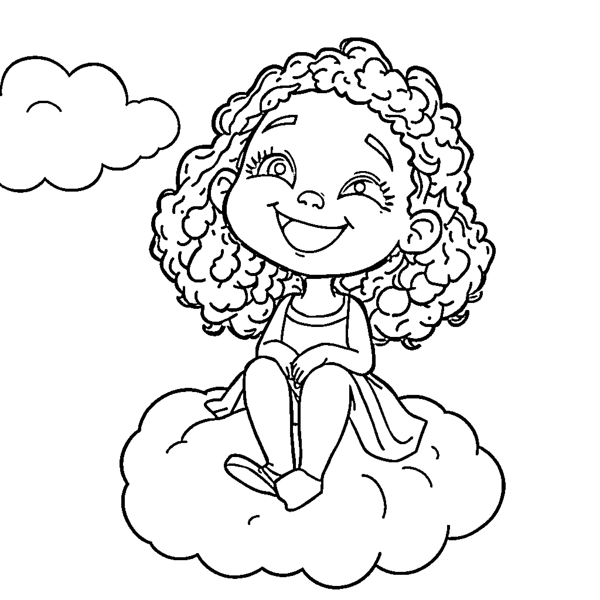 Girl sitting happily on a cloud Coloring Page (free black-and-white line drawing printable PDF for all, from beginners to advanced learners, including children, teens, adults, and seniors)