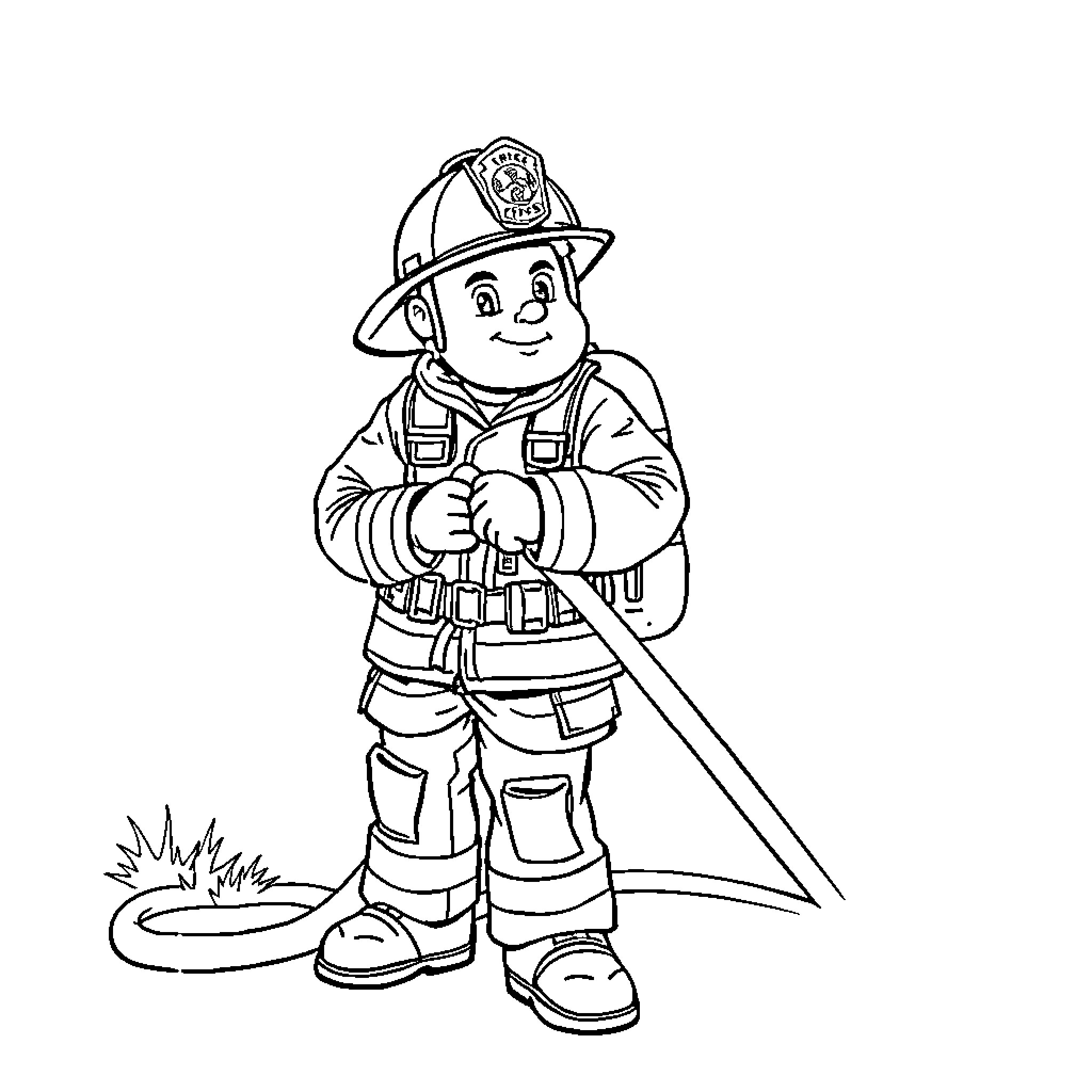 Firefighter Extinguishing Fire with Hose Coloring Page (free black-and-white line drawing printable PDF for all, from beginners to advanced learners, including children, teens, adults, and seniors)